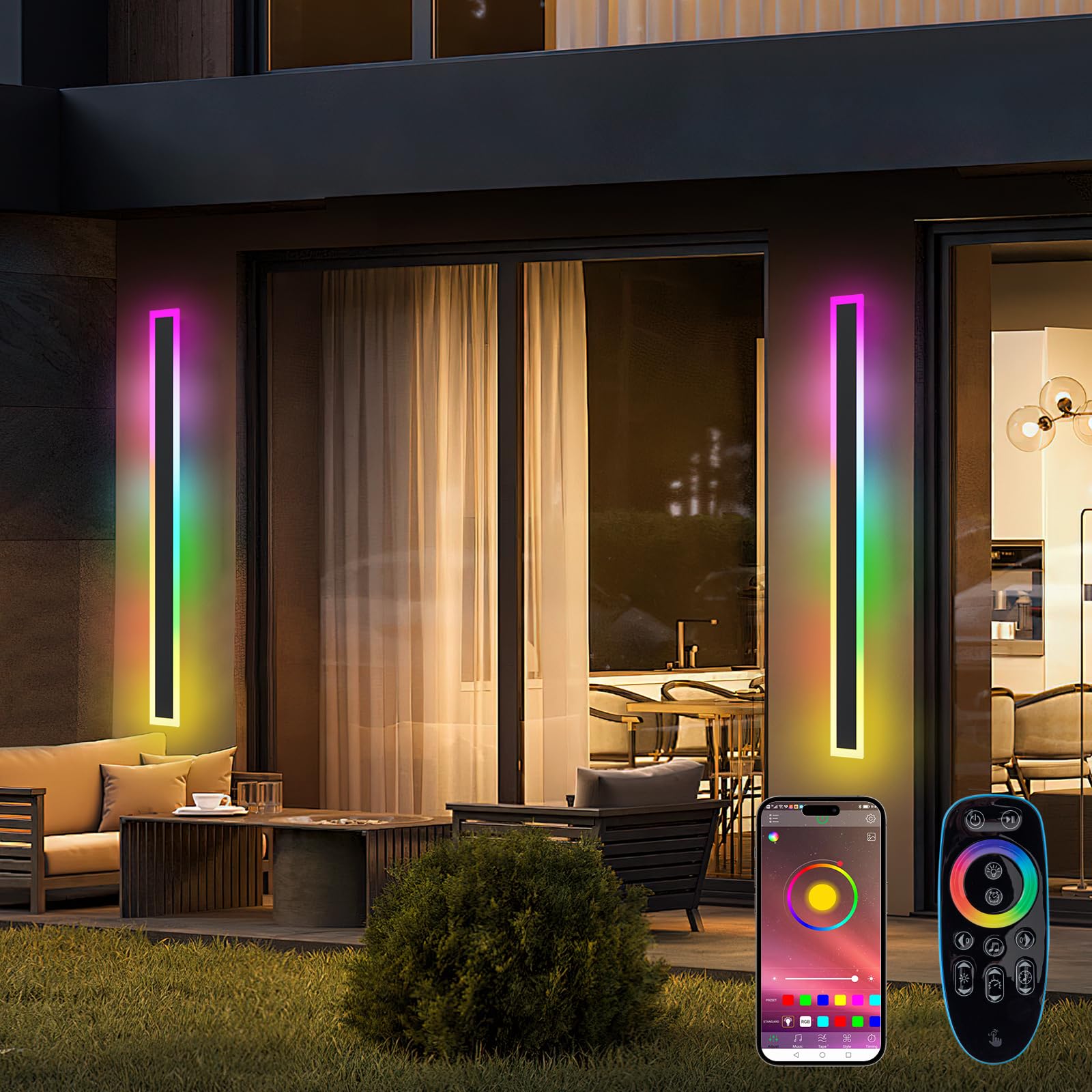 LannlKer Outdoor RGB Long Wall Lights, 31.5in Dimmable LED, IP65 Waterproof, Remote & APP Control, Acrylic, Model BD-RGBICW80