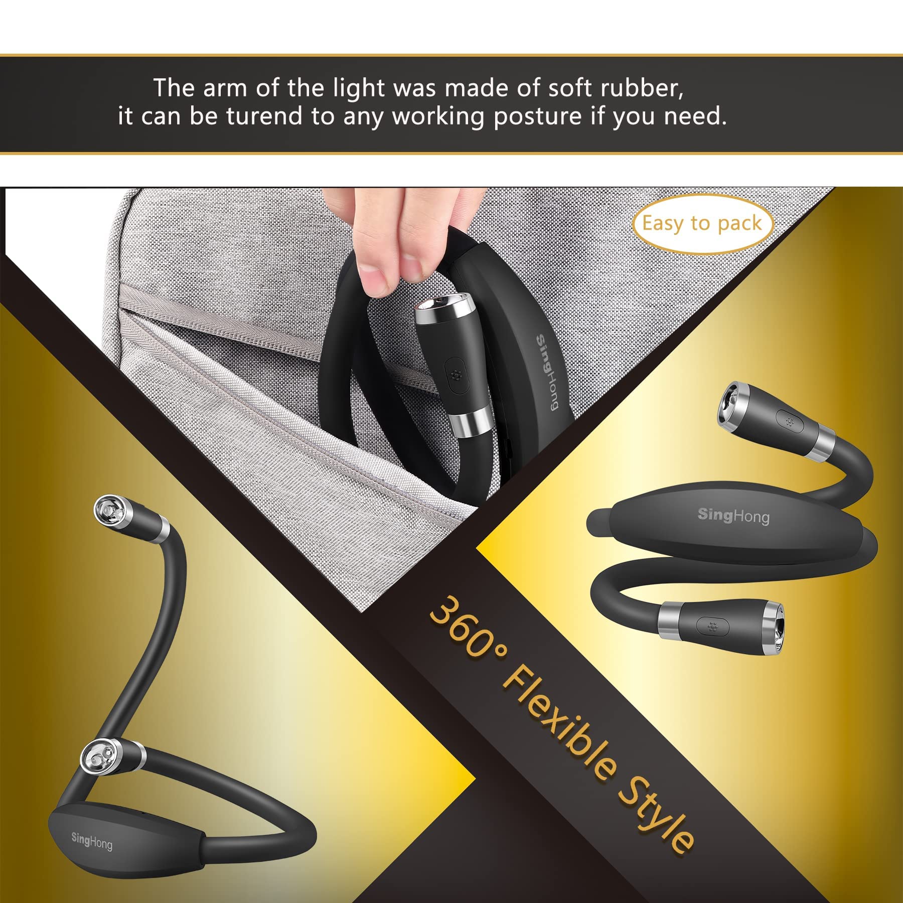 Singhong Neck Book Light Led Reading Lamp Usb Rechargeable, Hands Free, 4 Led Bulbs, 4 Adjustable Brightness, For Reading In Bed