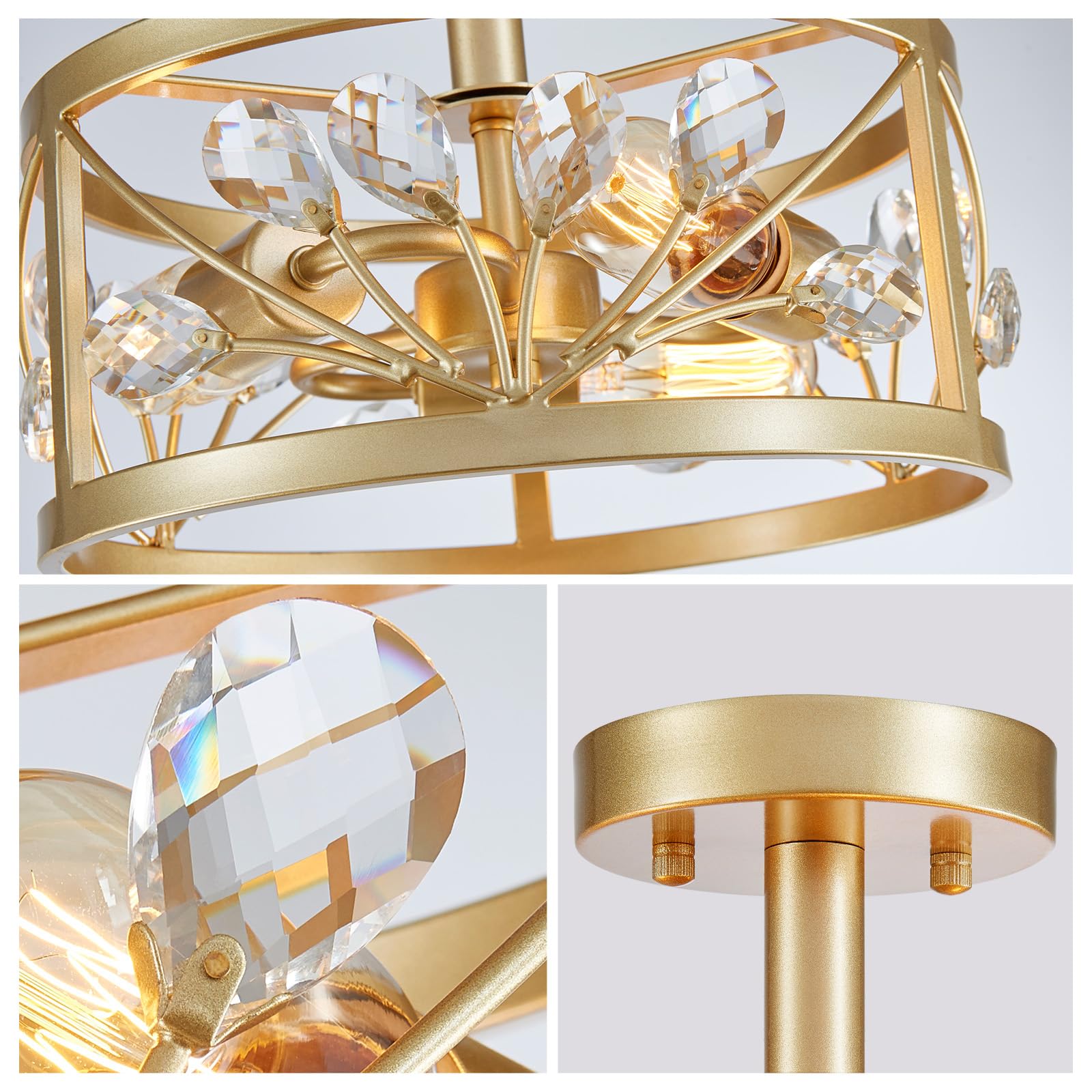 Wuzups Crystal Leaf Chandelier 3-Light Vintage Farmhouse Industrial Semi-Flush Mount Ceiling Light Modern Lighting Fixture For F