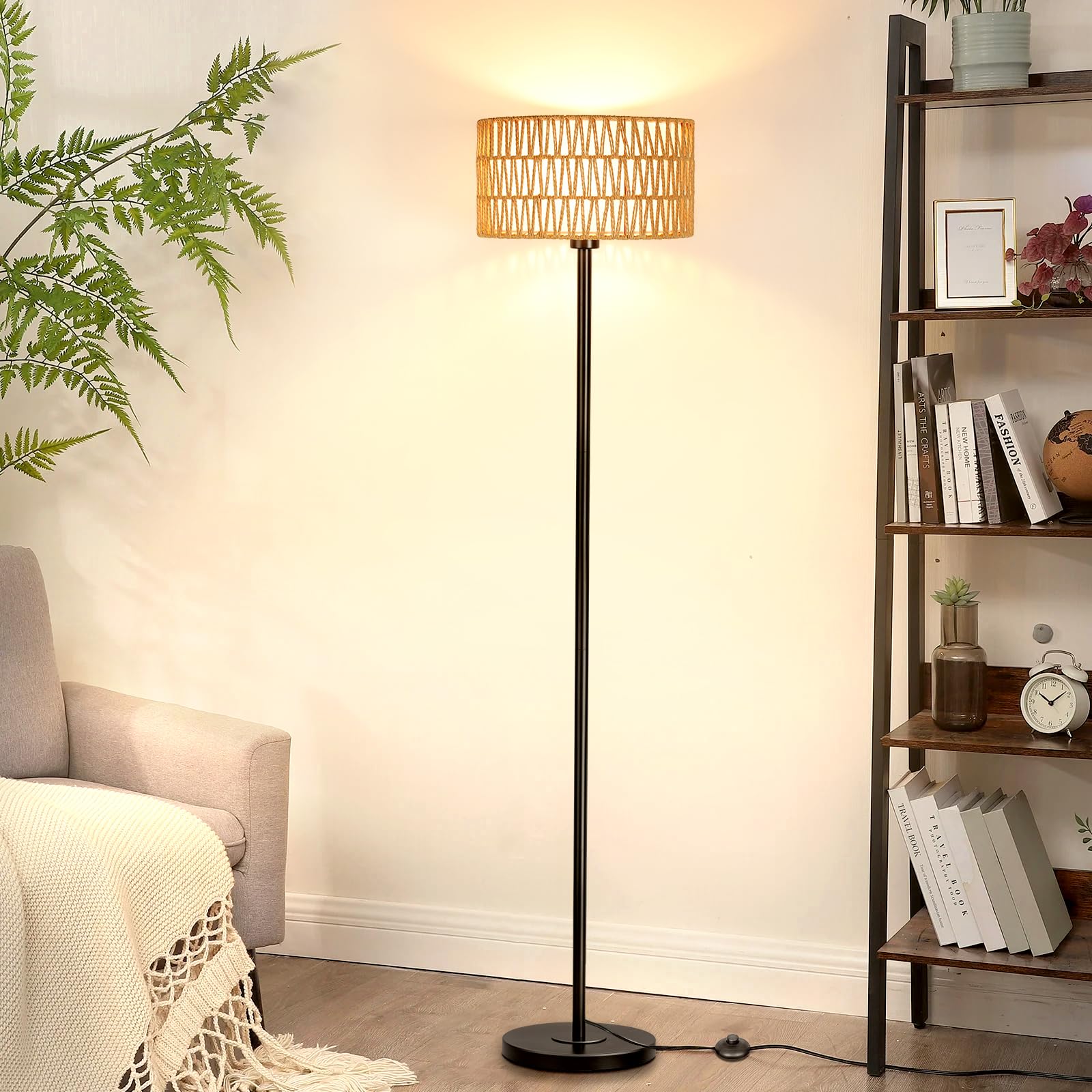 Qingmiao Rattan Floor Lamp - Black Metal, Led, Double Shades, Boho Rustic Design For Living Room