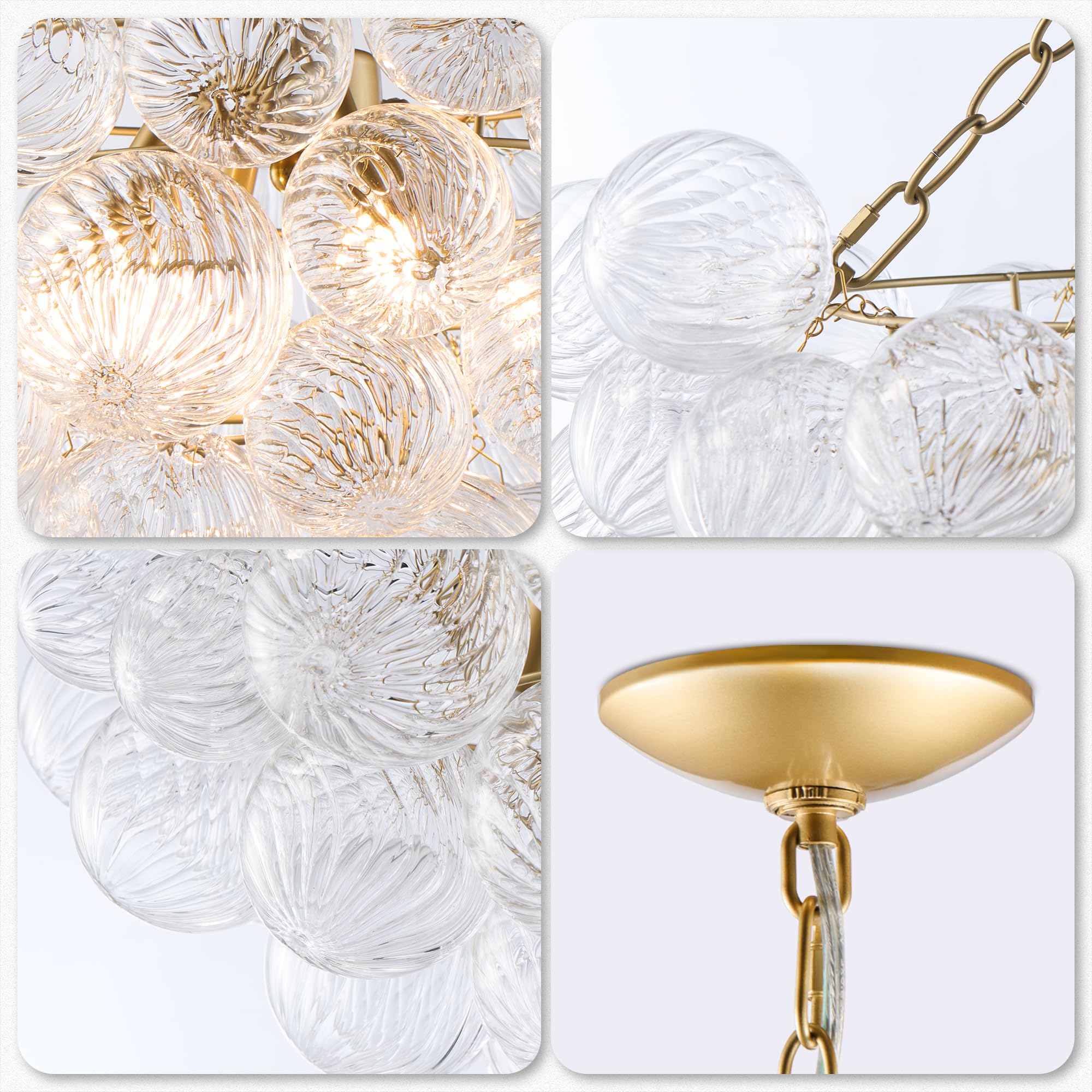 Longree Nordic Bubble Ball Swirled Glass Chandelier, Diam 23 Inch Gild Gold And Clear Blown Glass Hanging Pendant Light Fixture