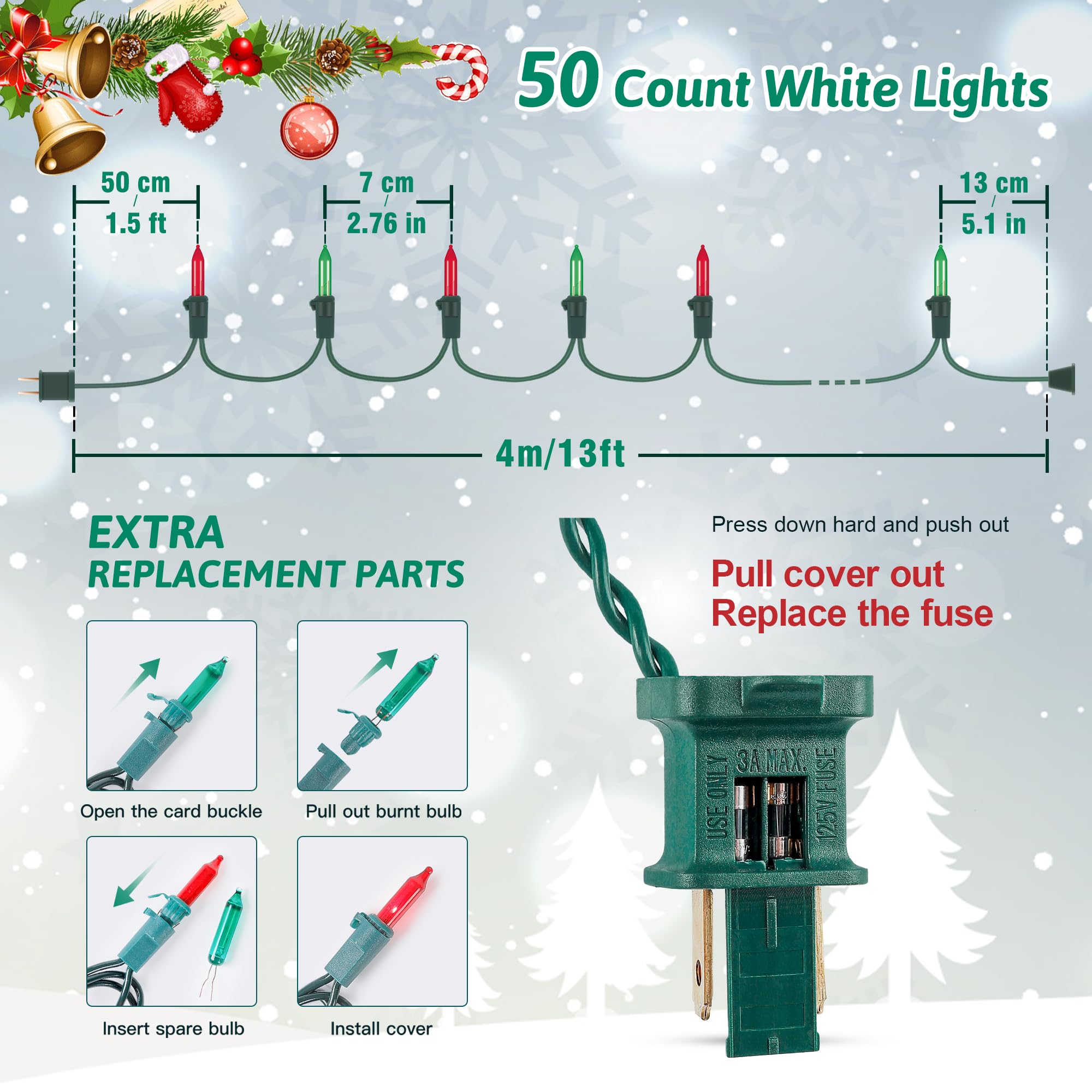 HEYFUNi Christmas String Lights, 50 Count, Red Green, 13Ft Green Wire, Incandescent Holiday Lighting for Indoor/Outdoor Use