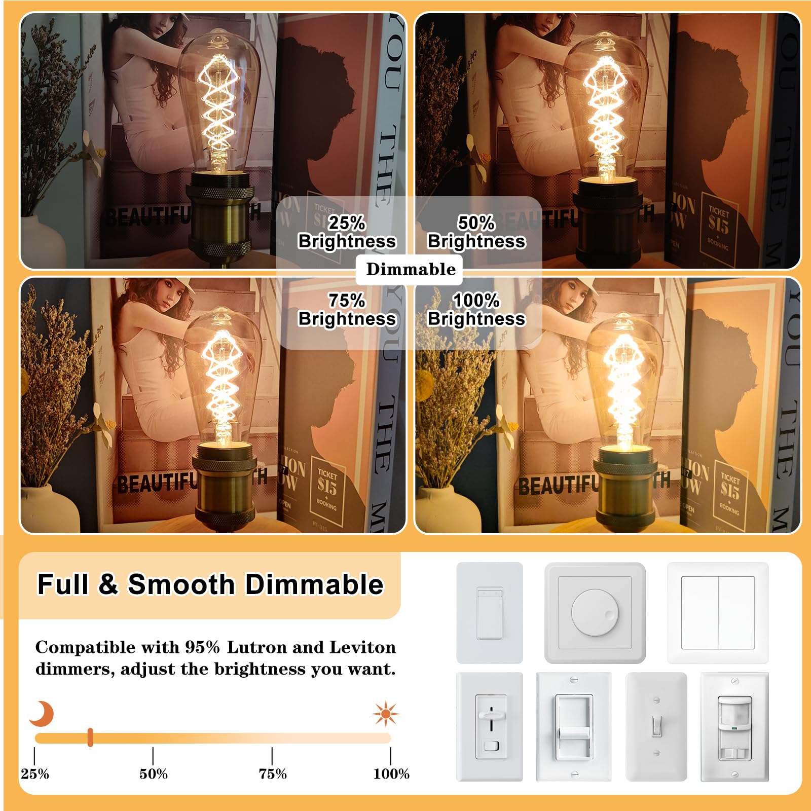 Dimmable E26 Led Edison Bulbs 60 Watt Equivalent, 6W Led Vintage Edison Amber Warm Light Bulbs 2200K, 4 Pack St58 Antique Decora