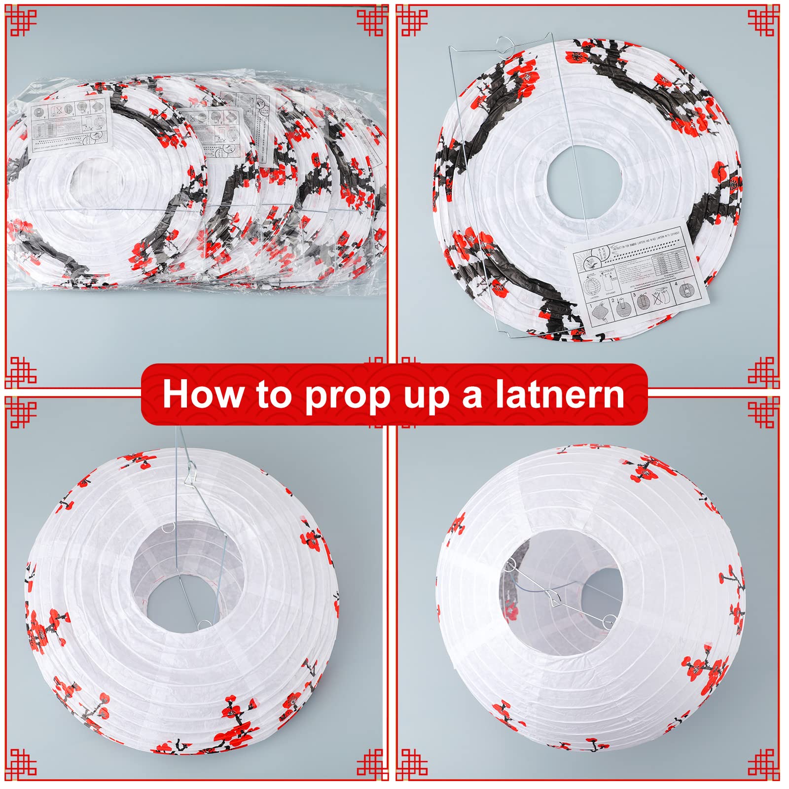 Mudder 20 Pieces Chinese Japanese Paper Lanterns Includes 12 Inch Cherry Flowers Paper Lanterns 7.5 Inch Chinese Red Lanterns Fo