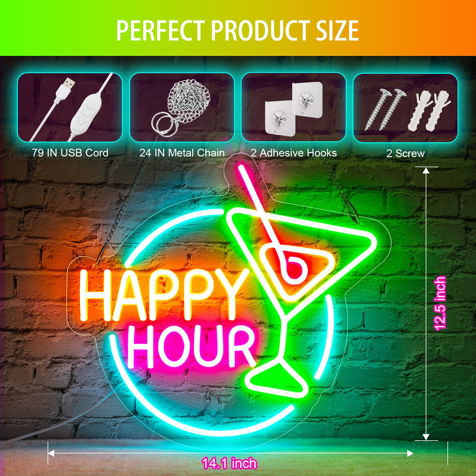 Basaneon Happy Hour Neon Sign Dimmable Led Happy Hour Neon Bar Signs For Home Bar, Usb Powered Bright Cocktails Happy Hour Neon Signs For Wall Decor Bar Pub Man Cave Party Art Decor(14.1*12.5Inches)