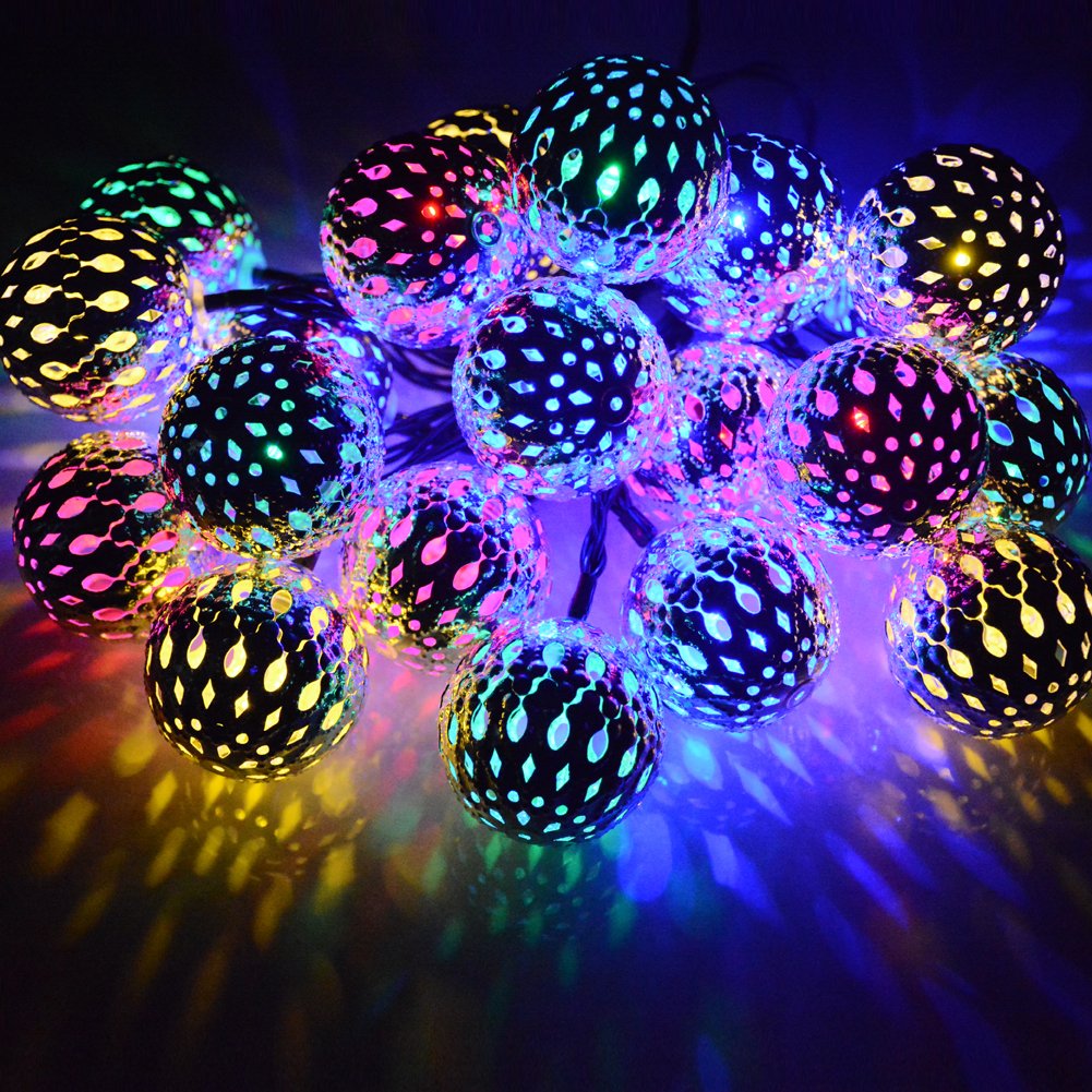 dephen - 15ft Outdoor String Lights 20LED Solar Christmas Lights Outdoor Waterproof Multicolor Moroccan String Lights for Patio 