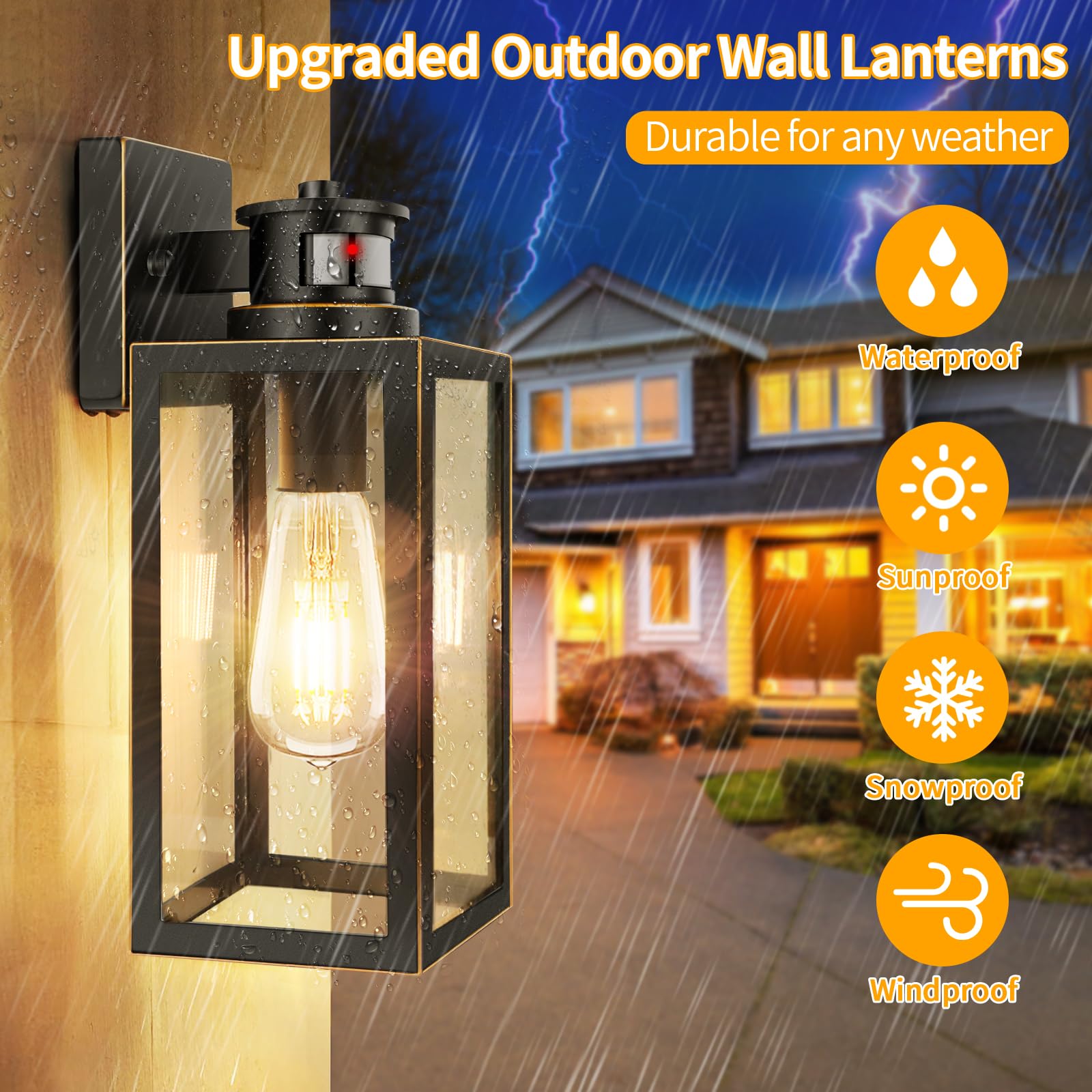 TOBUSA 2-Pack Motion Sensor Outdoor Wall Lights, Waterproof, 13.25" Bronze, Model B05023CPG, Clear Glass Lanterns for Porch & Garage