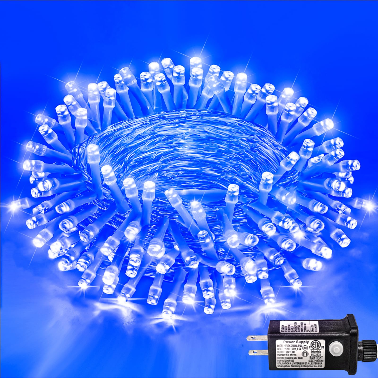 Einiiya 120 LED Blue Christmas Lights Outdoor, 40ft Clear Wire Christmas Tree Lights 8 Modes, Plug in Waterproof Fairy String Li