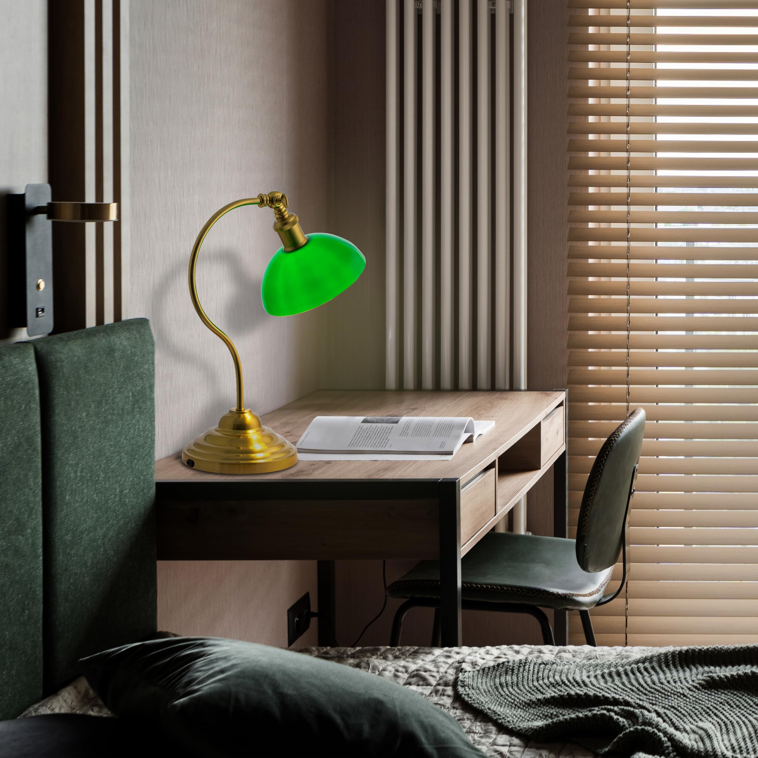 O'Bright Cordless LED Table Lamp - Rechargeable, 3-Level Dimming, Antique Brass with Green Glass Shade, Model OB-TL23B
