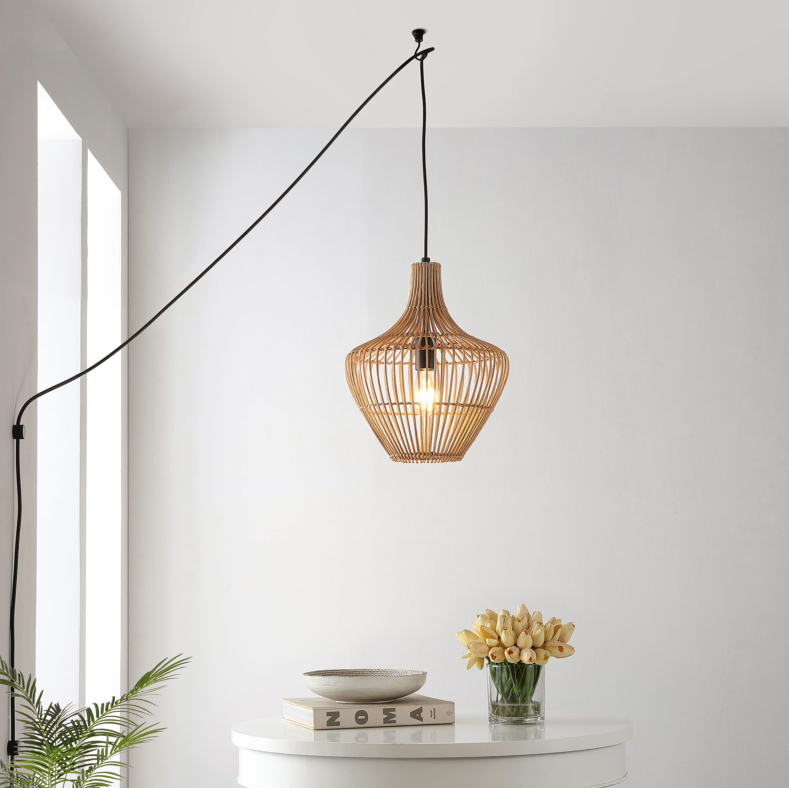 JONATHAN Y 1-Light Rattan Pendant Light, 13in Adjustable, Modern Farmhouse, Brown, Model JYL1406A