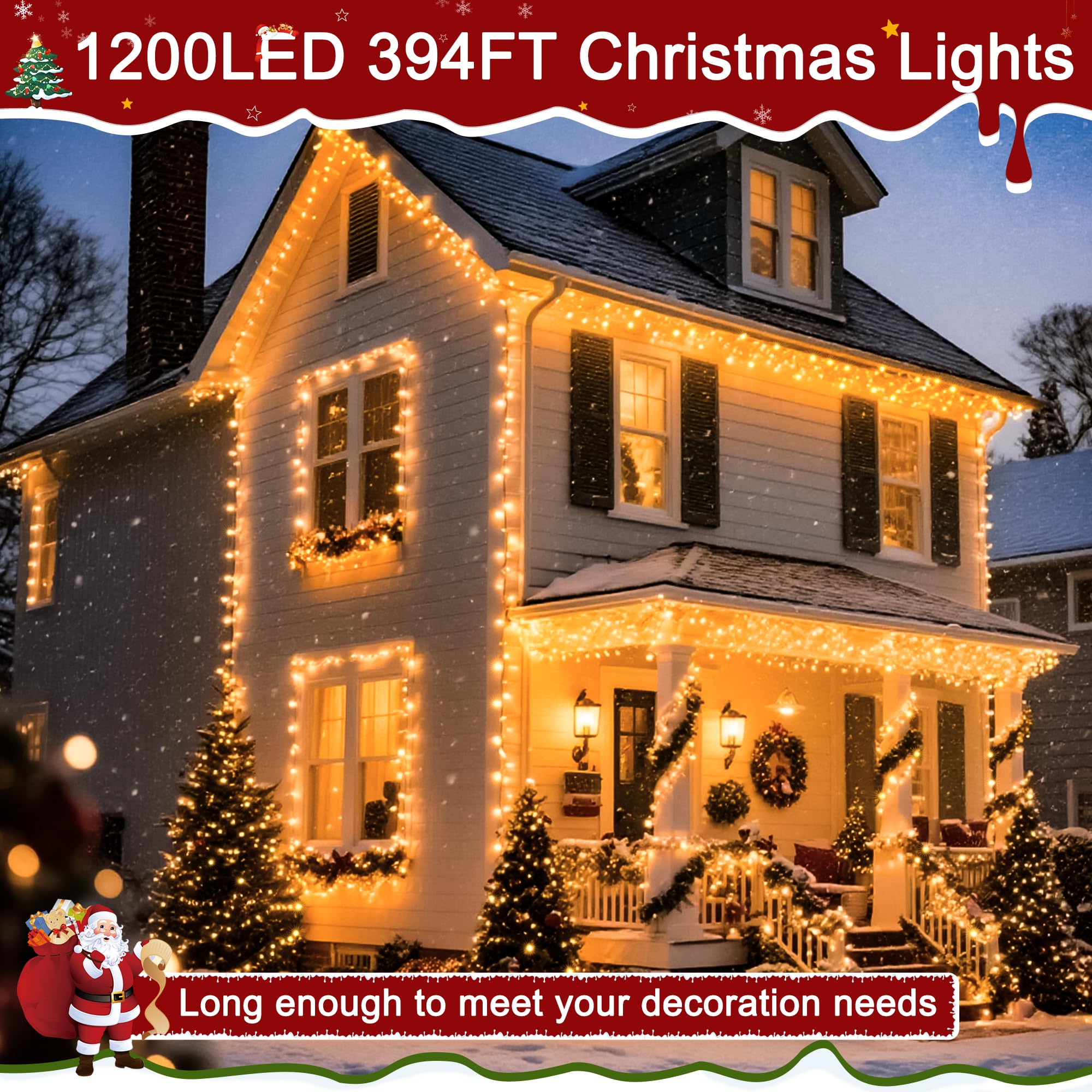 Ccinny 394Ft 1200 Led Christmas Lights Outdoor  Warm White Christmas Tree Lights Plug In  8 Modes Twinkle String Light For Bedroom Wedding Party Ceiling Xmas Home Decorations