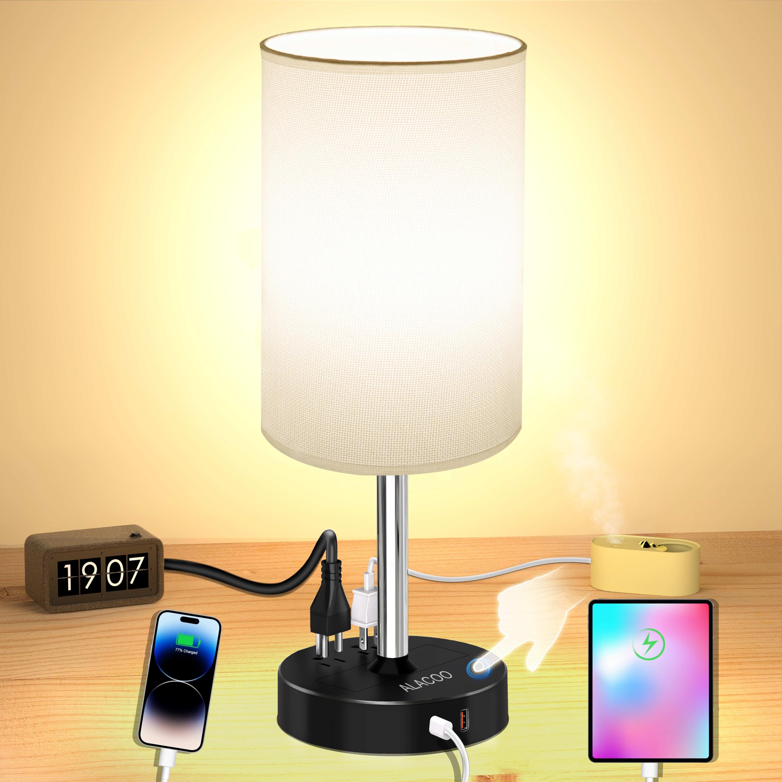 Alacoo Bedside Table Lamp For Bedroom, Touch Desk Lamps For Nightstand With Usb C + A Charging Station 3 Way Dimmer Light With (1000W) Ac Outlet, Small Lamp For Kids Teens(E26 Led Light Bulb Included)