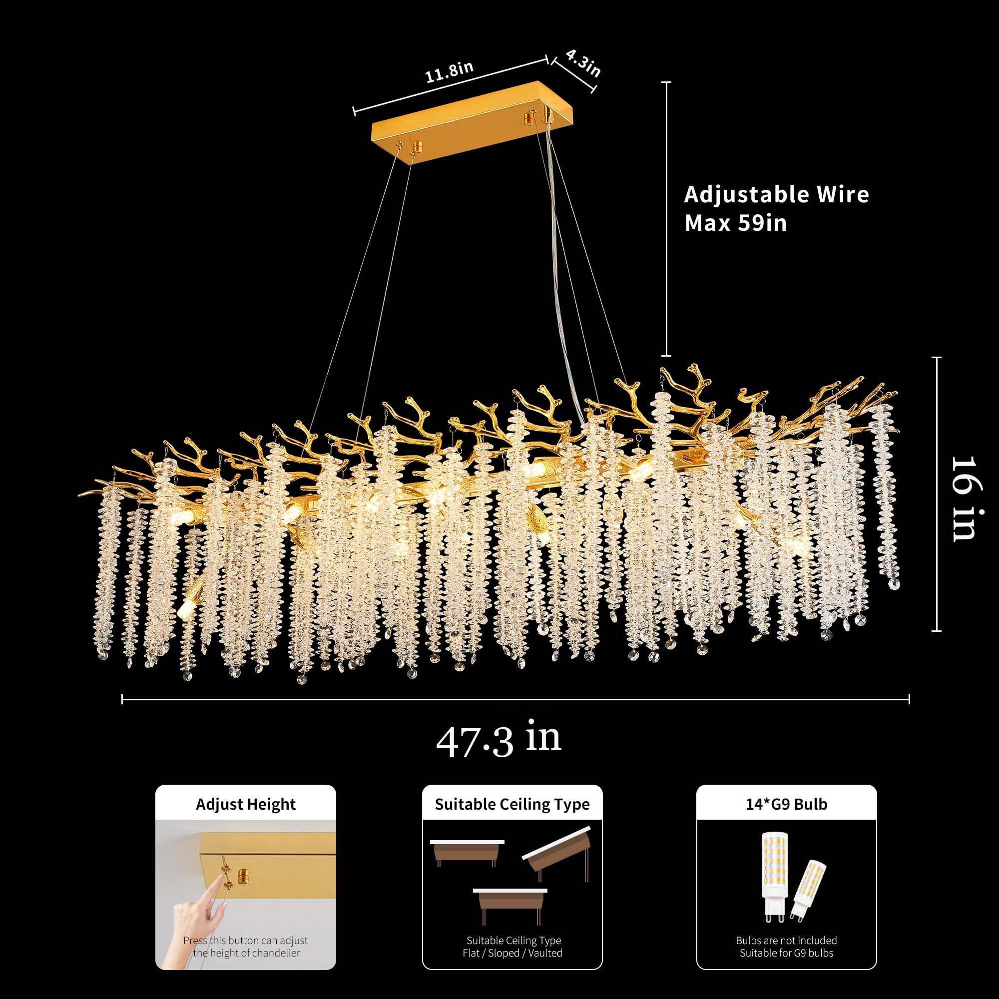 Upfelw Modern Crystal Tree Branch Chandelier, Gold 14-Light Art Deco Lighting Fixture, 47.3'' for Dining Room, Kitchen Island, Model UBC-G120-0428