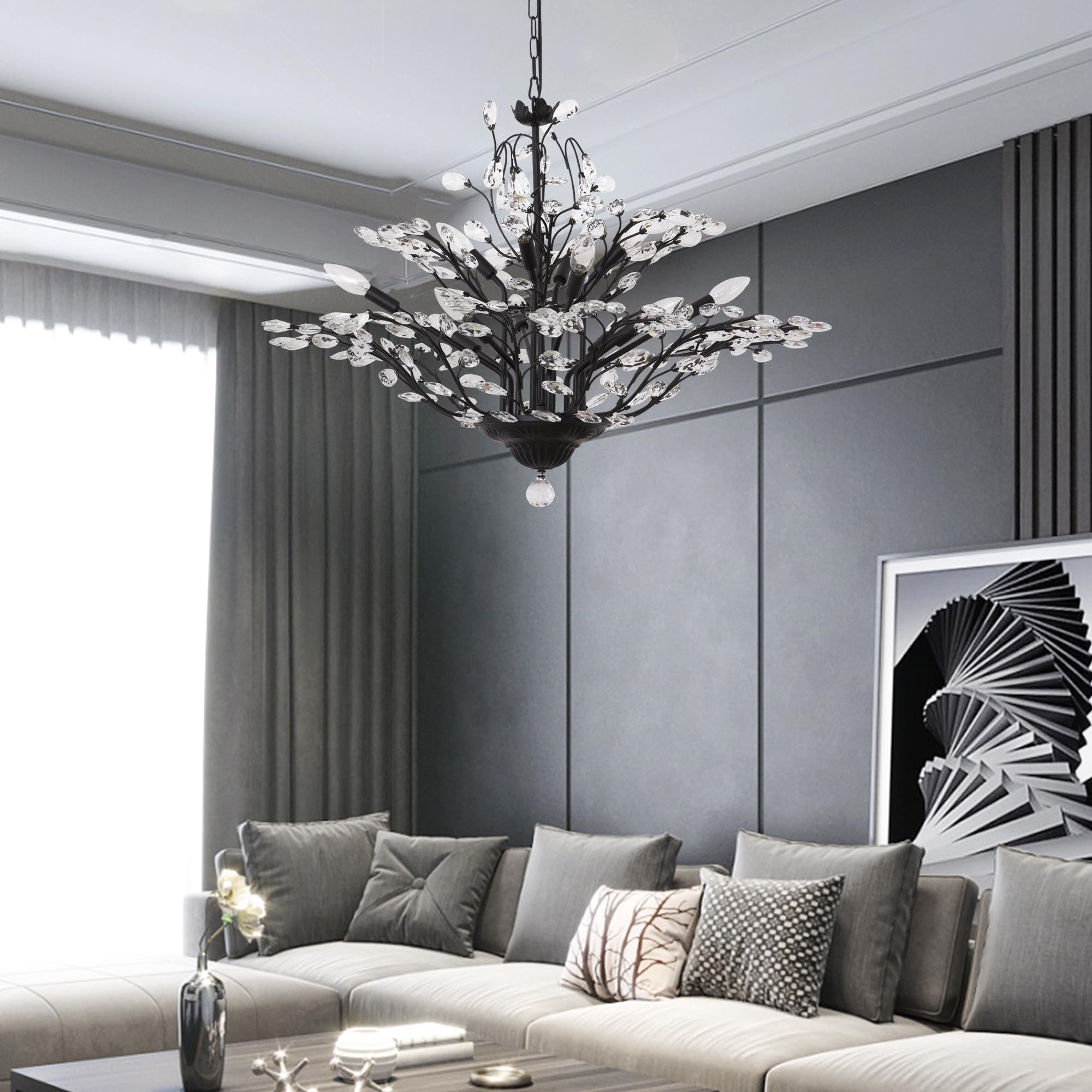 Maxax Vintage Crystal Branch Chandeliers, 12-Light Adjustable K9 Crystal Pendant Hanging Lighting Ceiling Light Fixtures Chandel