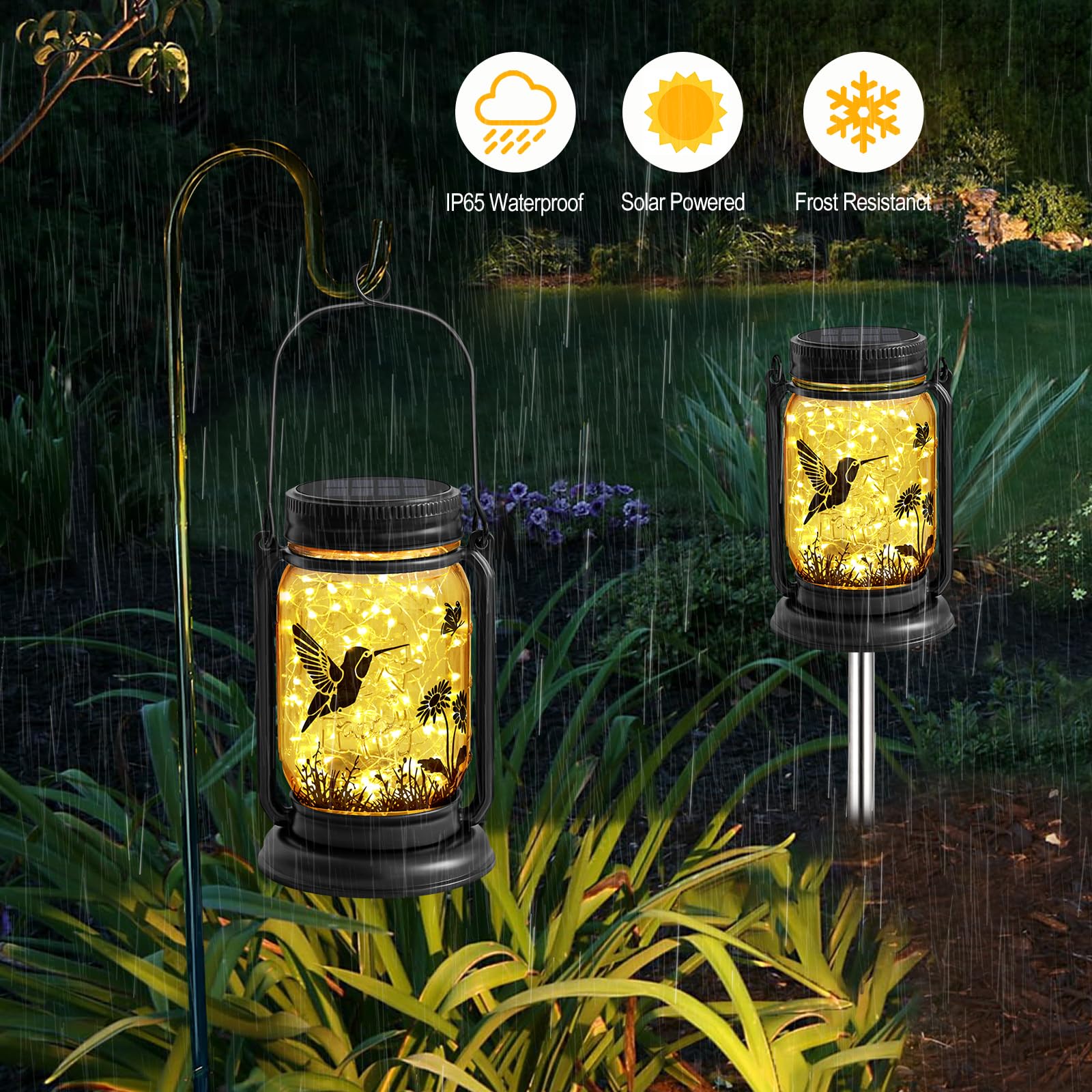 YJFWAL Hummingbird Solar Lantern - Waterproof Garden Light for Patio, Yard, Porch, Brown, Mason Jar Design, Model: fugumeisen-1P