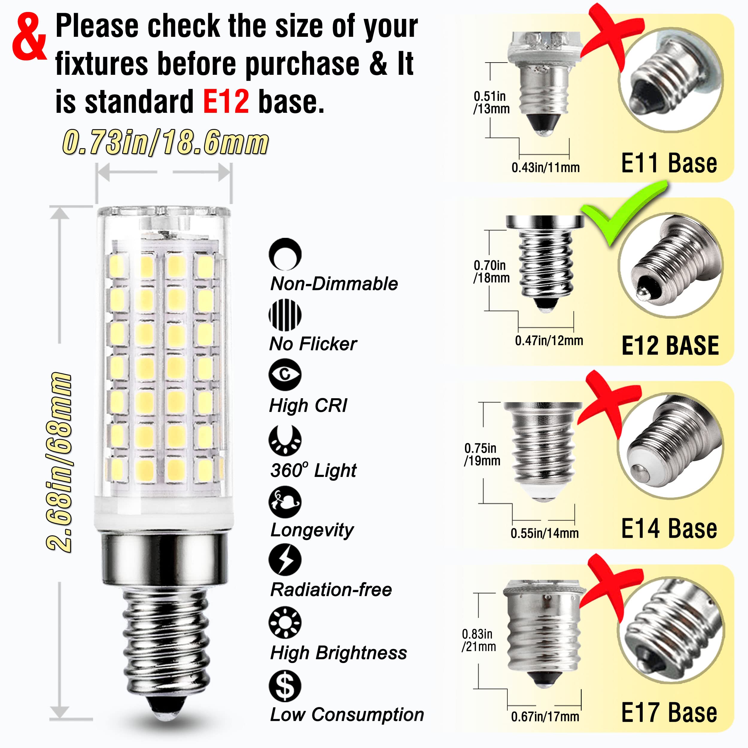 Alide E12 75 Watt Replacement Led Candelabra Bulbs C7,6000K Daylight Bright Cool White,800Lm T6 7.5W Led E12 Chandelier Light Bulbs For Ceiling Fan Pendant Lighting,Non-Dimmable,6 Pack