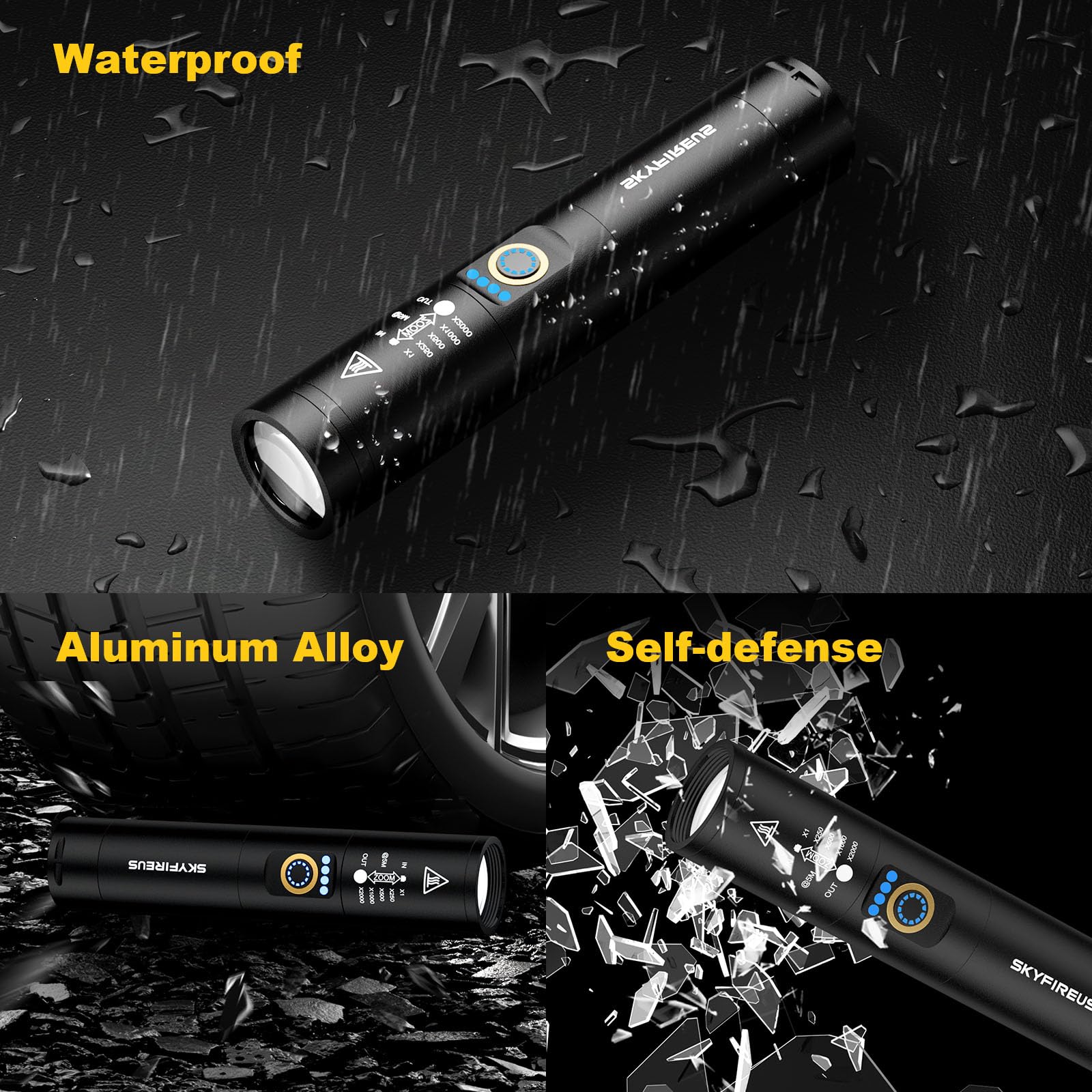 SKYFIRE Rechargeable Flashlight 9000 Lumens, 5 Modes, Aluminum, Black, Model 1353
