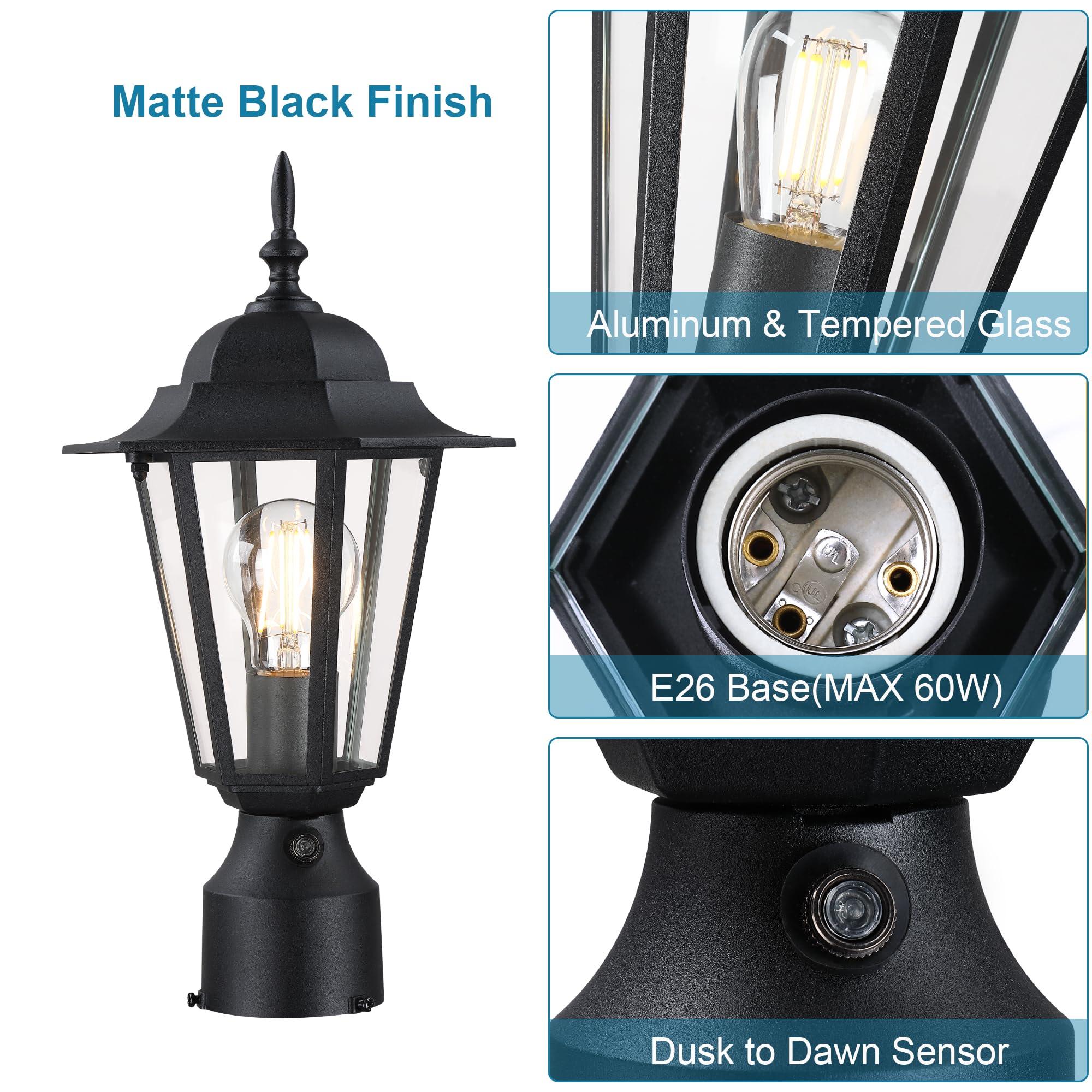 GRUENLICH Dusk to Dawn Outdoor Post Lights, Modern Black Exterior Lamp Post Light Fixture, Anti-Rust Aluminum Pole Lantern for G