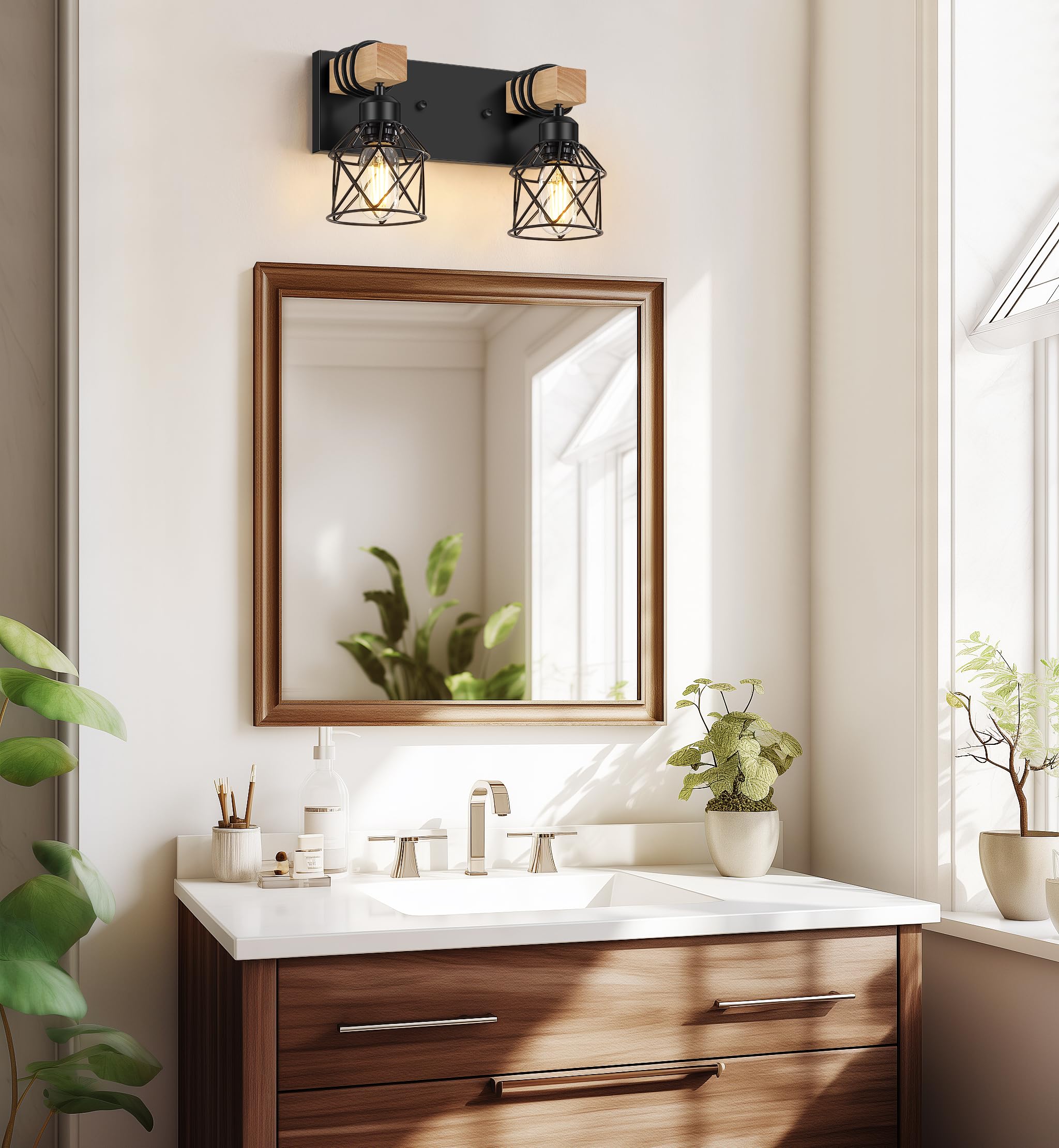 FadimiKoo 2-Light Farmhouse Vanity Light, Black Rustic Wood & Metal Sconces for Bathroom, Living Room, Bedroom, Hallway