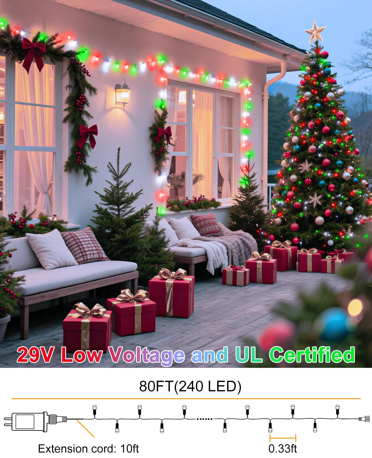 Xmasbokeh Red White Green Christmas Lights Outdoor  80Ft 240 Led Christmas Tree Lights Waterproof Plug In  8 Modes Connectable Christmas Decorations Green Wire For Indoor Home House Patio Holiday