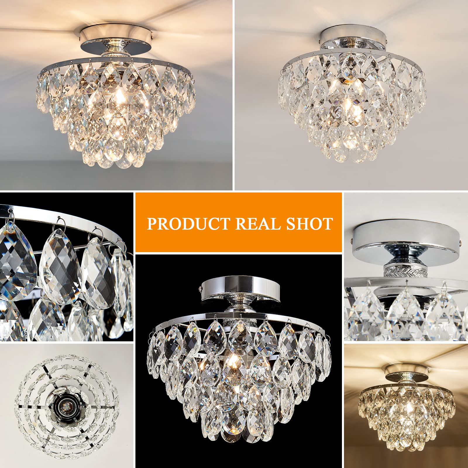 Yyjlx Modern E26 Silver Crystal Chandelier Semi Flush Mount Ceiling Light For Hallway & Bedroom