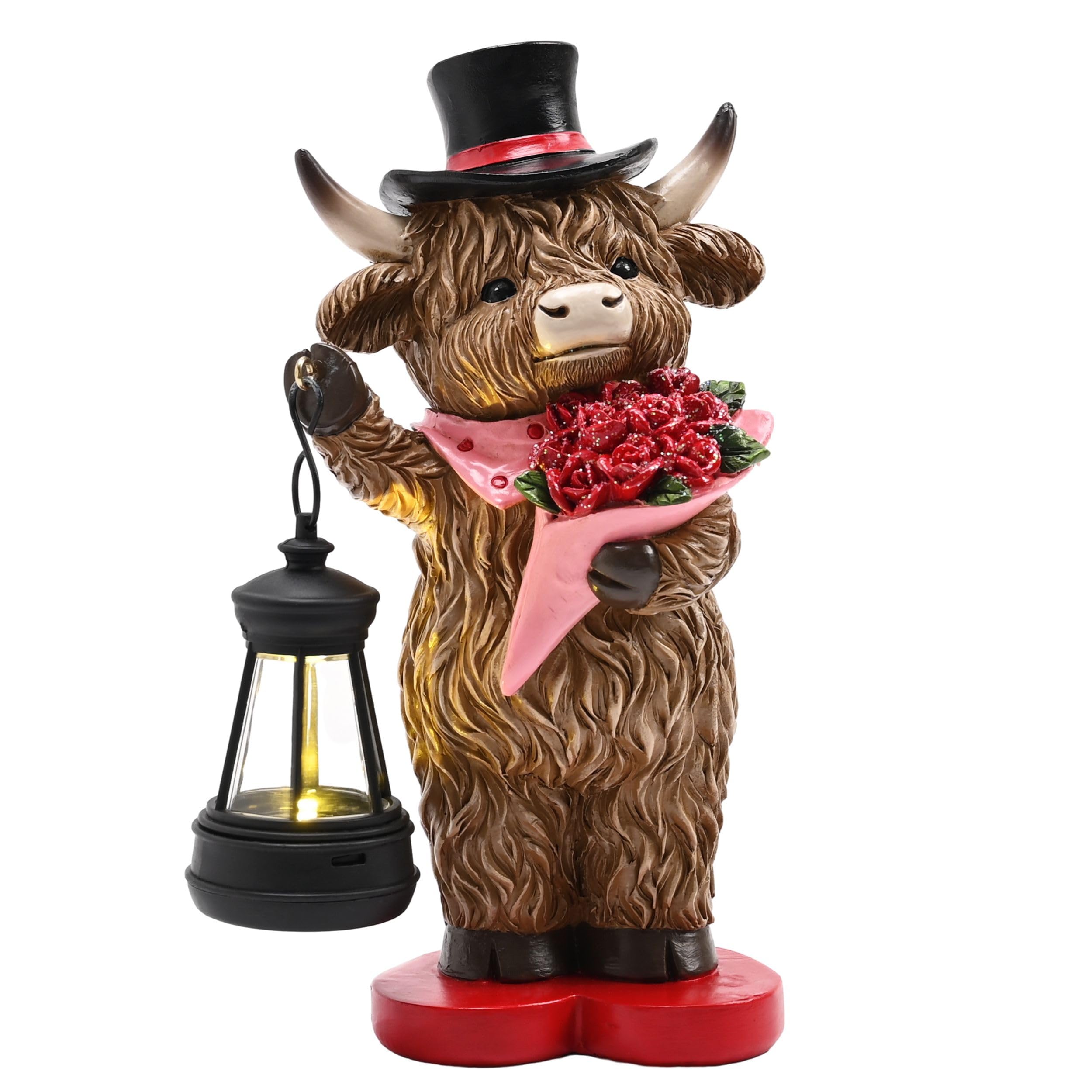 TERESAS COLLECTIONS 8 Charming Highland Cow Garden Statue with Solar Lantern, Valentines Day Resin Figurine Holding Roses and 