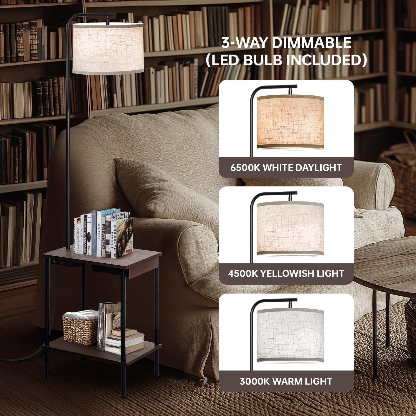 EOEYYOYB Floor Lamp with Table & Drawers, USB Charging Port, 3 Color Temperatures, Walnut