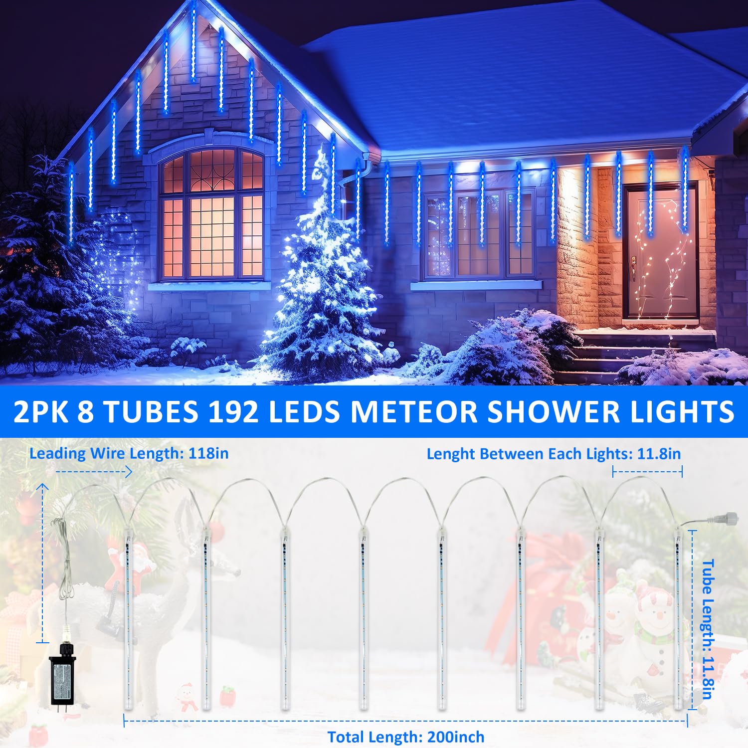 2-Pack Extendable Meteor Shower Christmas Lights Outdoor  16 Tubes 384 Leds Waterproof Falling Rain String Lights  Christmas String Lights Outdoor For Tree Garden Patio Holiday Decorations (Blue)