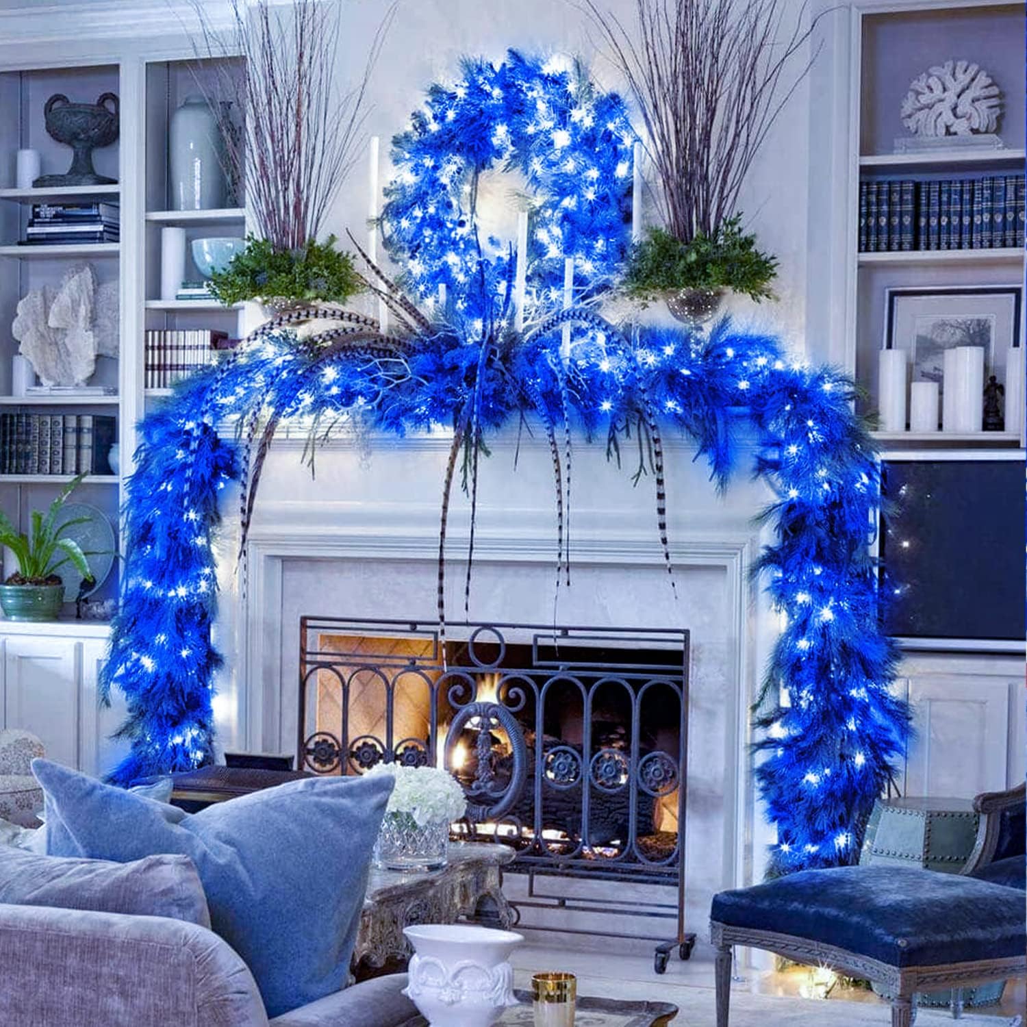 Jmexsuss 33Ft 100 Led Blue Battery Operated Christmas Lights, Waterproof With 8 Modes For Indoor/Outdoor Decor