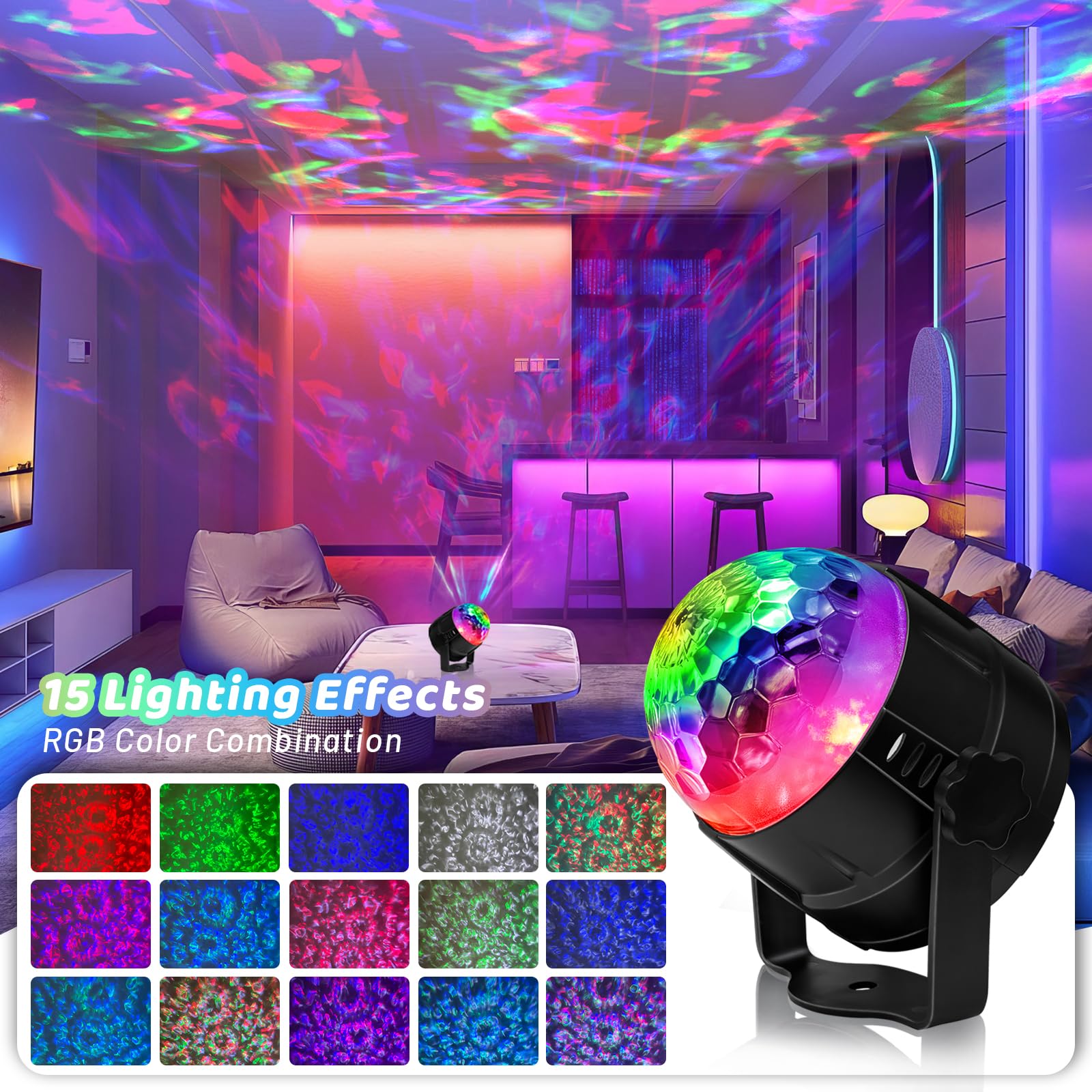 AVEKI Ocean Water Wave Disco Light Projector, 15 Modes, Sound Activated, Remote Control, Model 8541999587, Color: 15 Water Wave