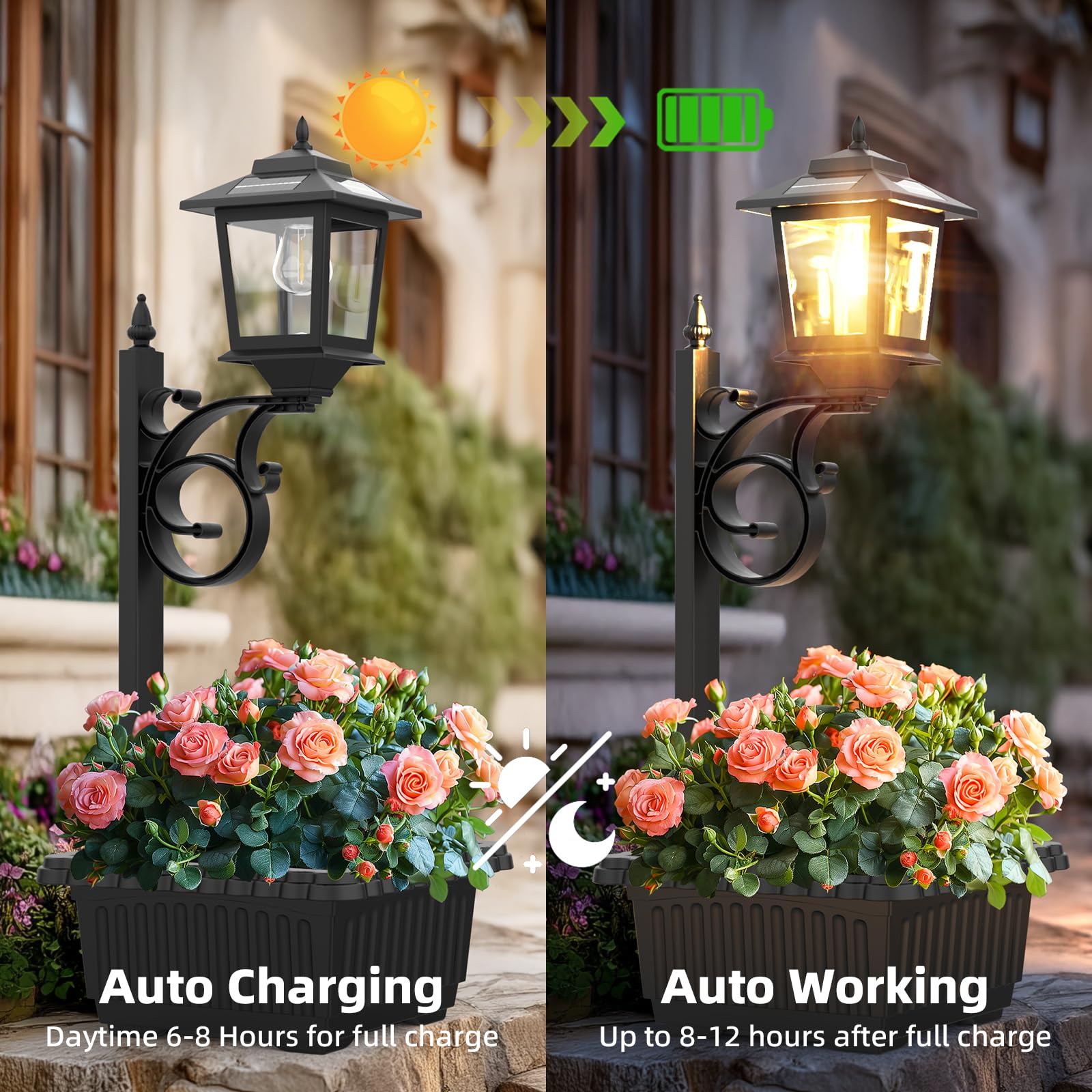 FIESTREL 2 in 1 Solar Lamp Post Light, Waterproof LED, Freestanding/Wall Mount, Black, Model 05F, Outdoor Decor for Patio & Porch