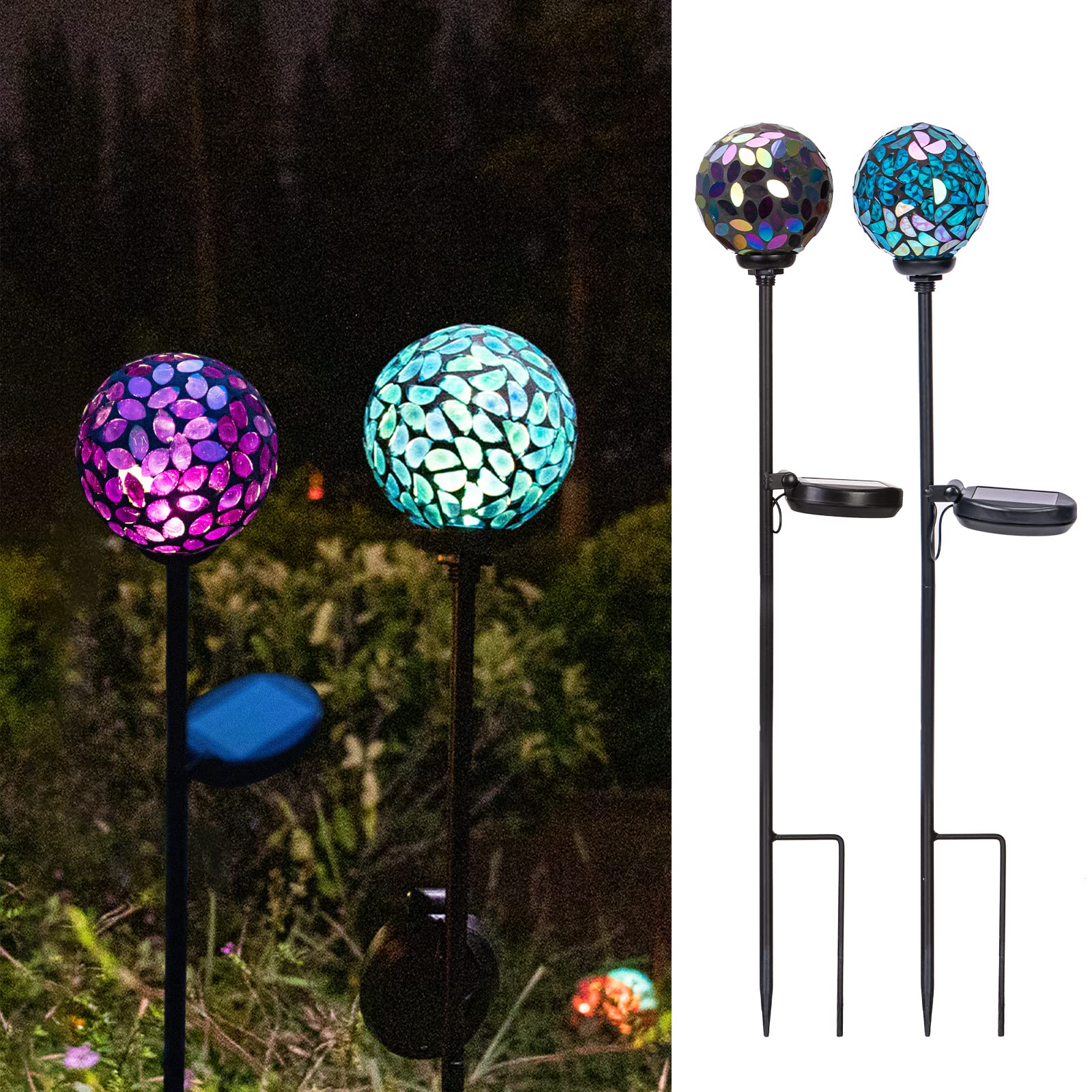 Vcuteka Mosaic Solar Garden Lights, Waterproof Led Pathway Stake, 2 Pack Blue & Purple