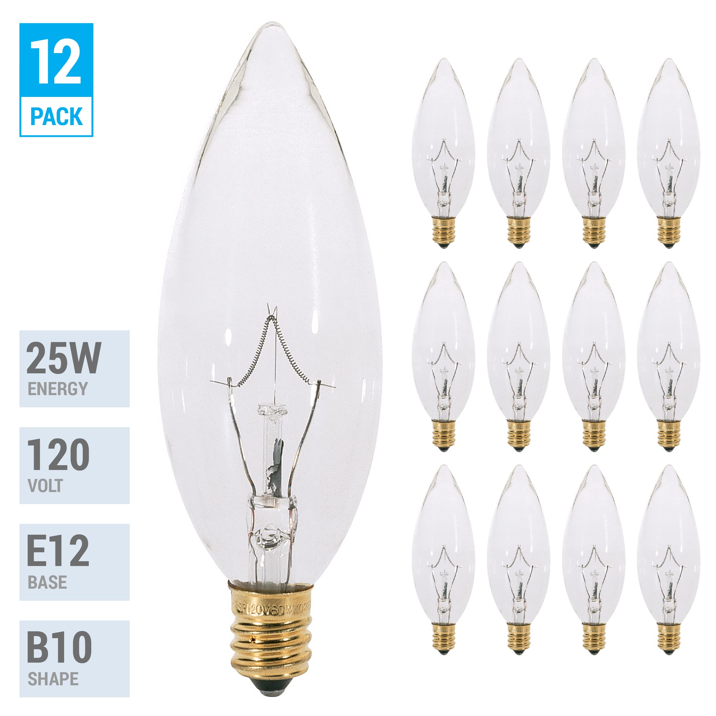 KOR 25W Candelabra Base Incandescent Light Bulbs, Clear Torpedo Tip, White, Pack of 12