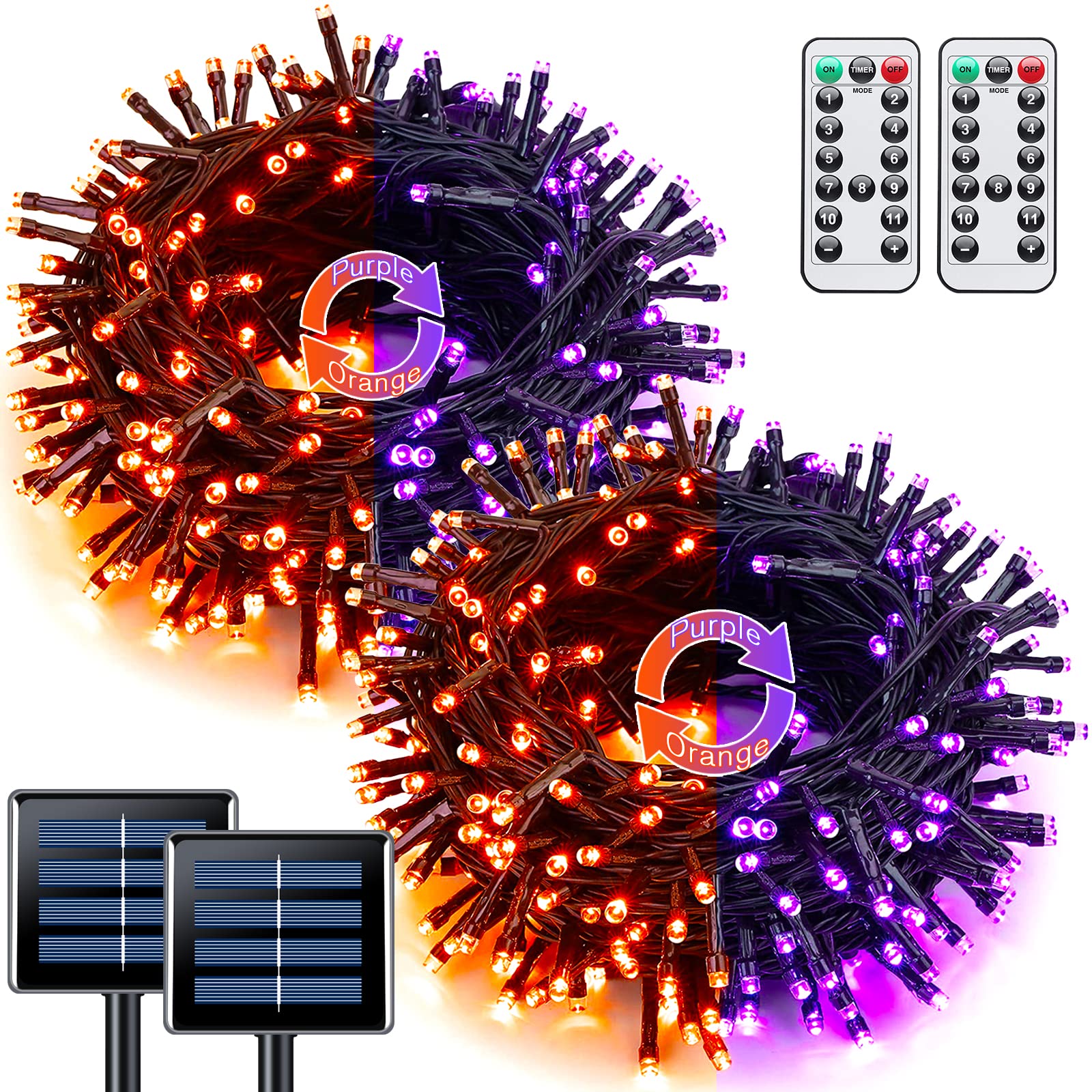 JMEXSUSS Solar Halloween Lights, 100 LED Color Changing String Lights, 33ft, 2 Pack, Orange to Purple, Waterproof, 8 Modes