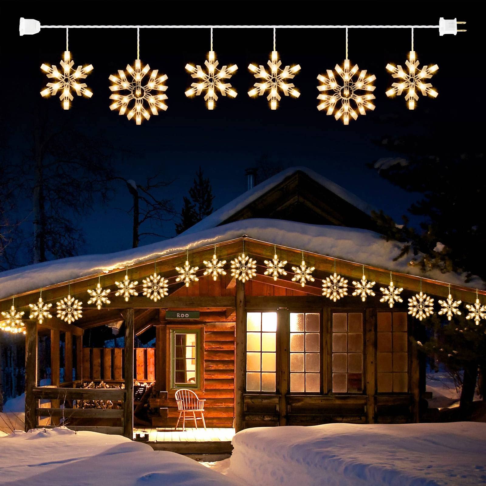 Snowflake Christmas String Lights with 6 Drops - 9ft 100 Mini Bulb Icicle Lights with Hooks, Plug-in Connectable Hanging Lights 