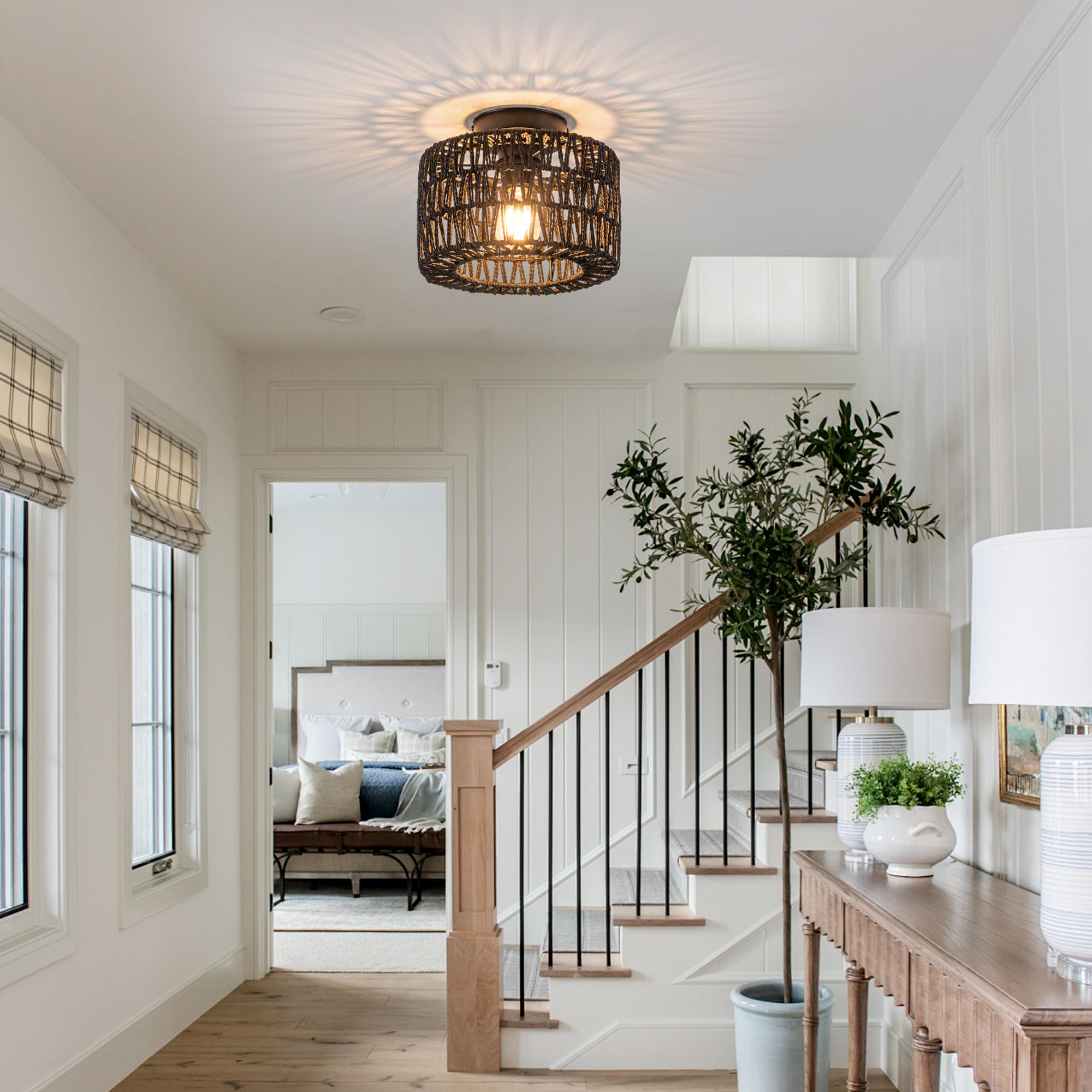 Rpzloila Rattan Ceiling Light, 1 Light Farmhouse Woven Flush Mount Ceiling Light, Boho Light Fixture For Bedroom Living Room Hal