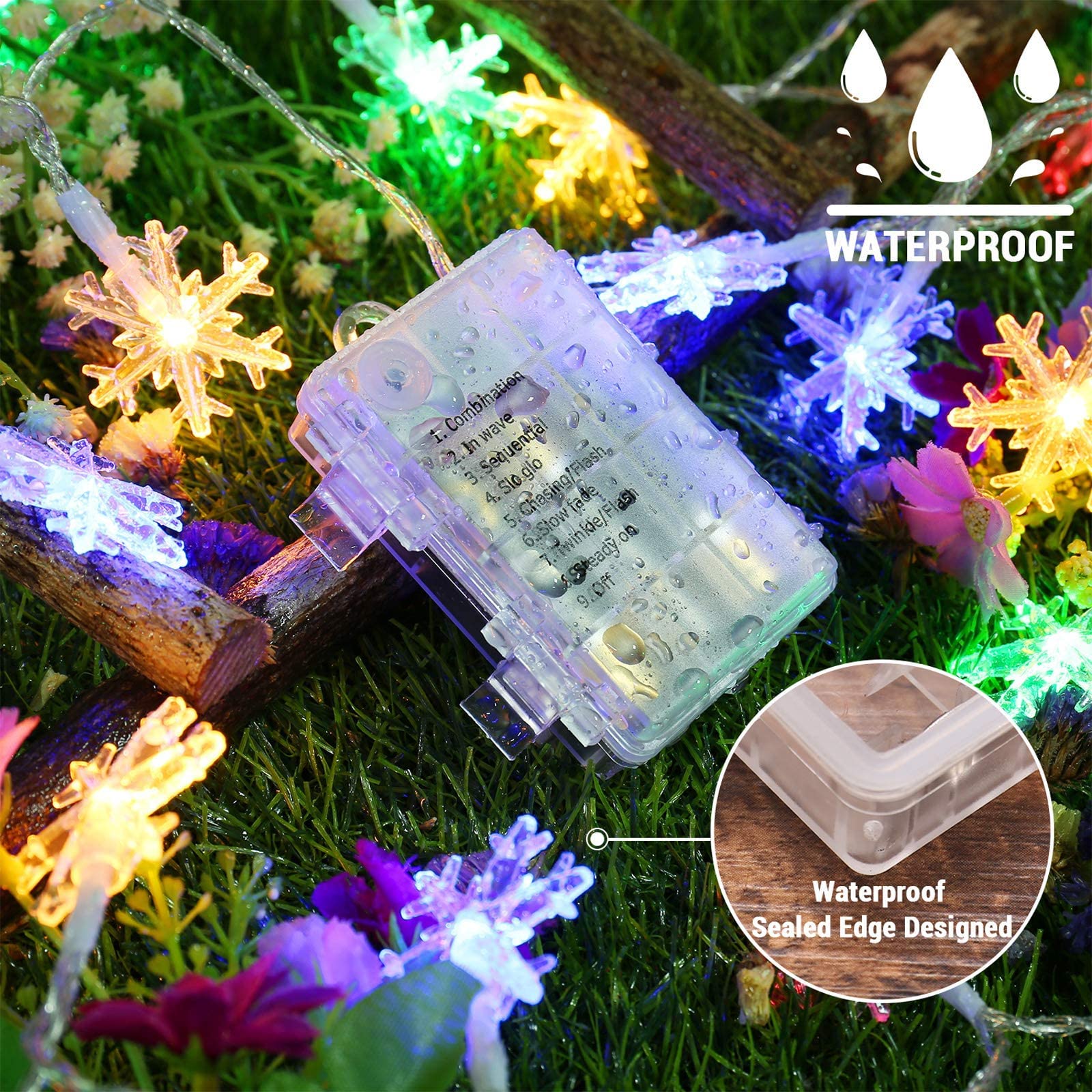 Brizlabs Colored Snowflake Lights, 40 Led 16.08Ft Snow Flake Christmas Lights With Remote, 8 Modes Led String Lights Waterproof, Dimmable Battery Xmas Lights For Indoor Outdoor Christmas Tree Decor