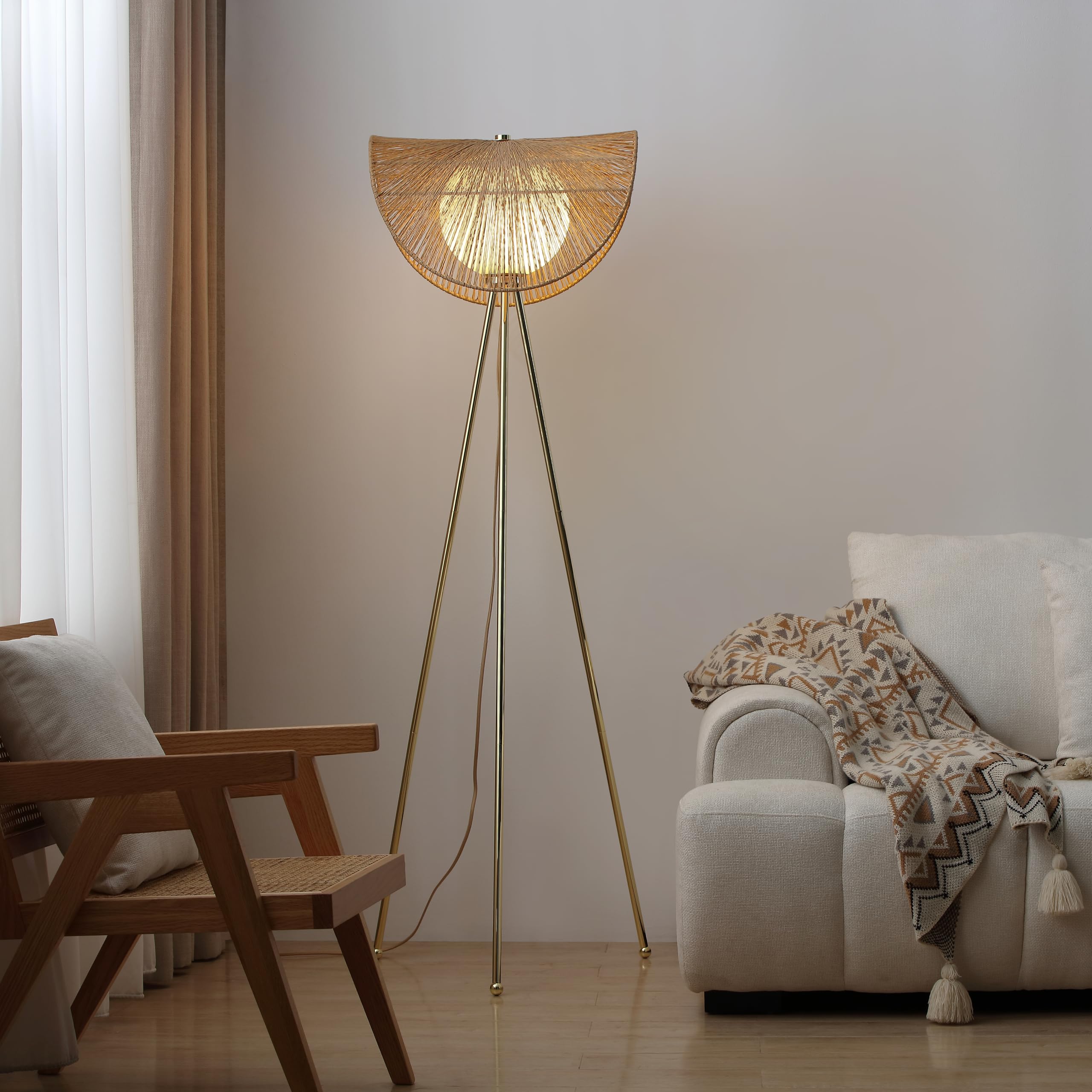 VidaLite Sovev 62.87 in. Brass Bohemian Floor Lamp for Living Room with Opal Glass Rattan Shade