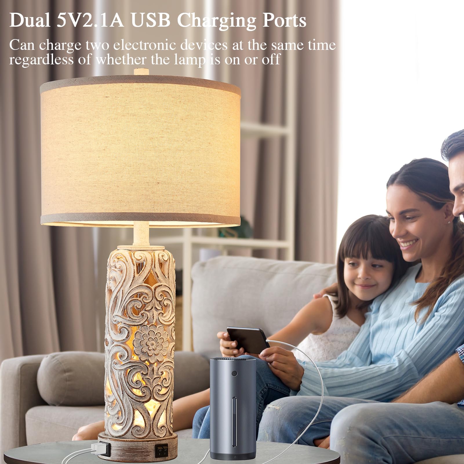 RORIANO Rustic Farmhouse Table Lamps Set of 2, Vintage Resin Nightstand Lamps with Dual USB Port, Antique White, Model LM-08889