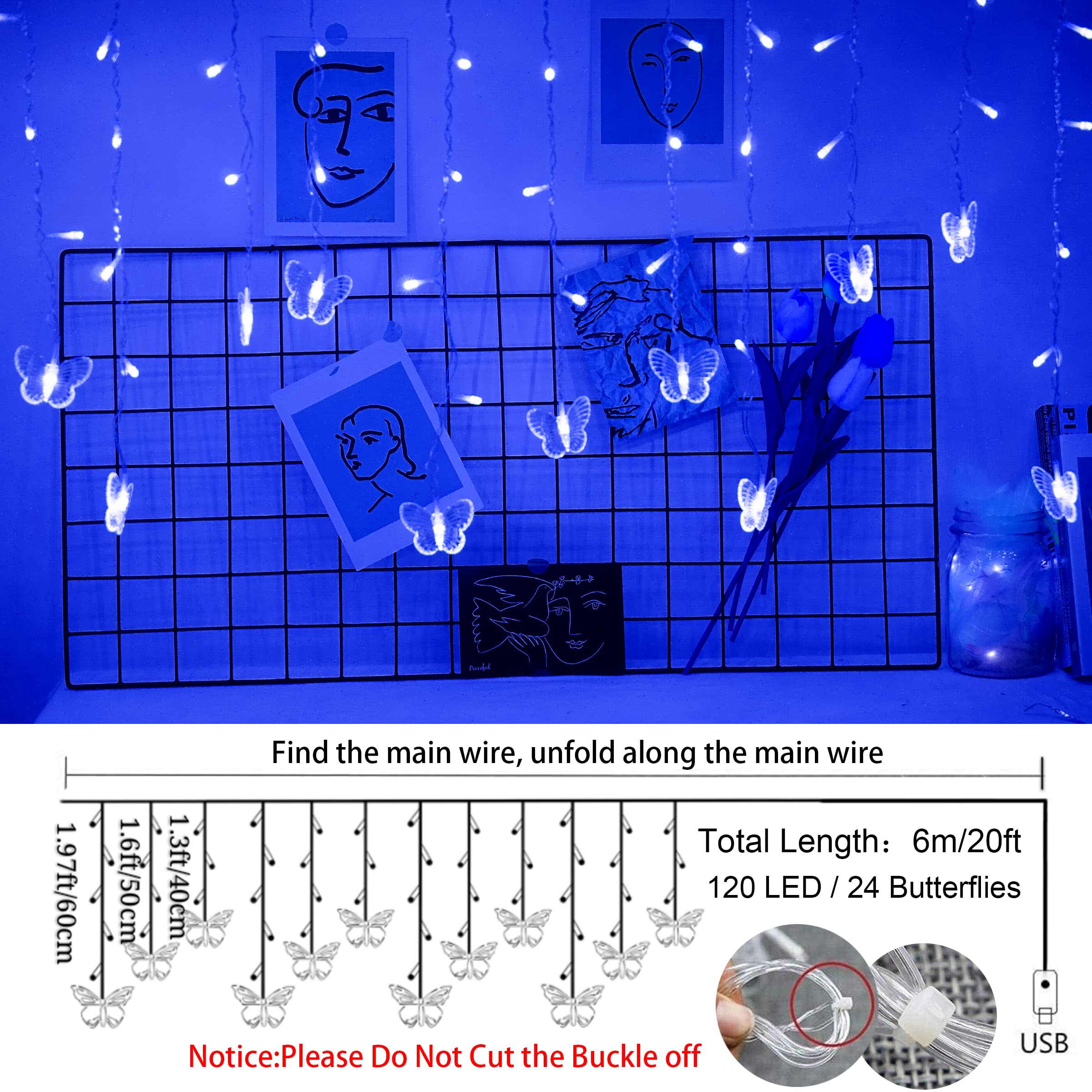 Blue Butterfly Curtain Fairy Lights Usb Plug In,120 Led 8 Modes 20Ft Firefly Twinkle Icicle String Lights With Remote Timer Waterproof For Bedroom Christmas Wedding Party Dorm Decor