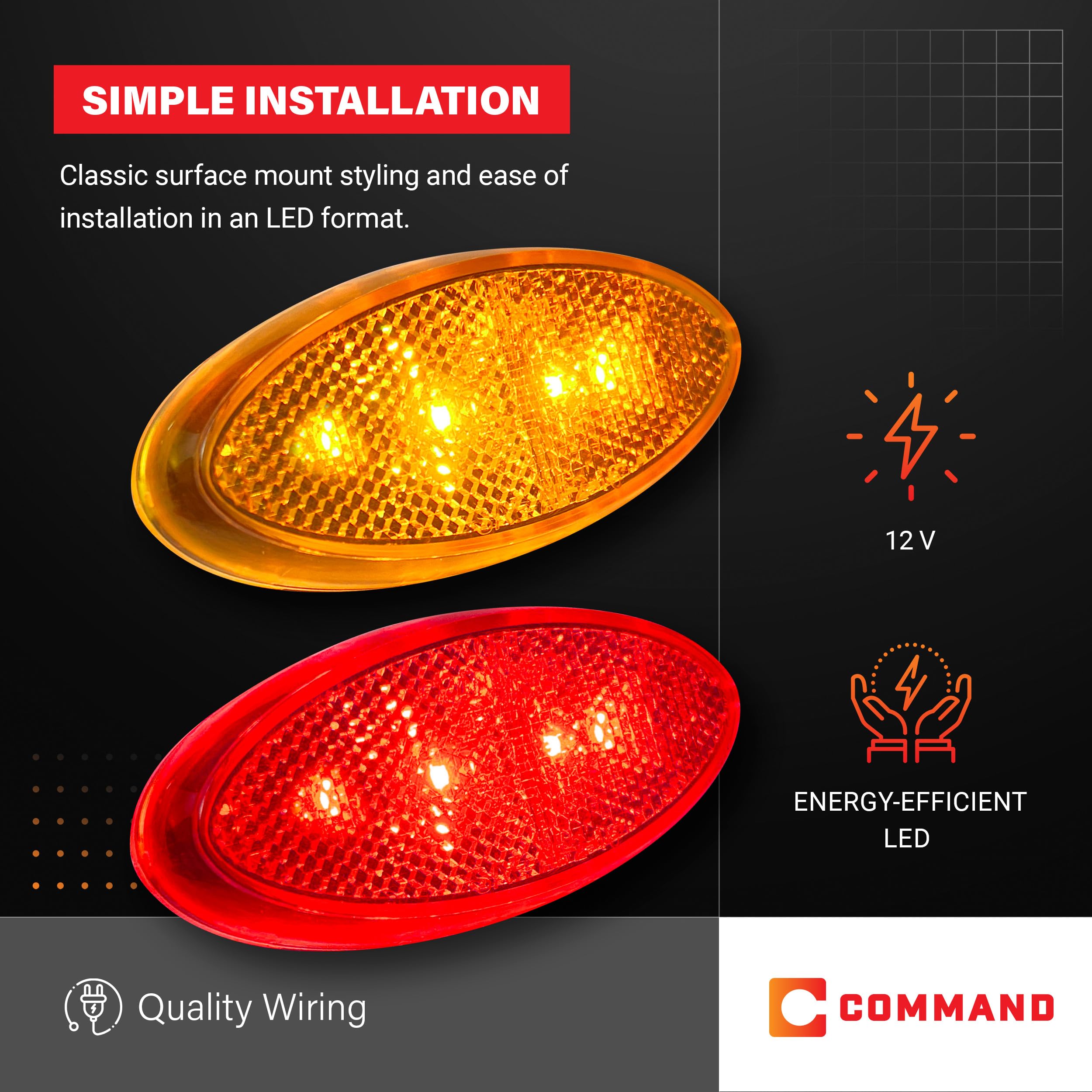 Command Electronics 12V LED RV & Trailer Clearance Light - Surface Mount, Amber & Red, Polycarbonate, 4-Pack