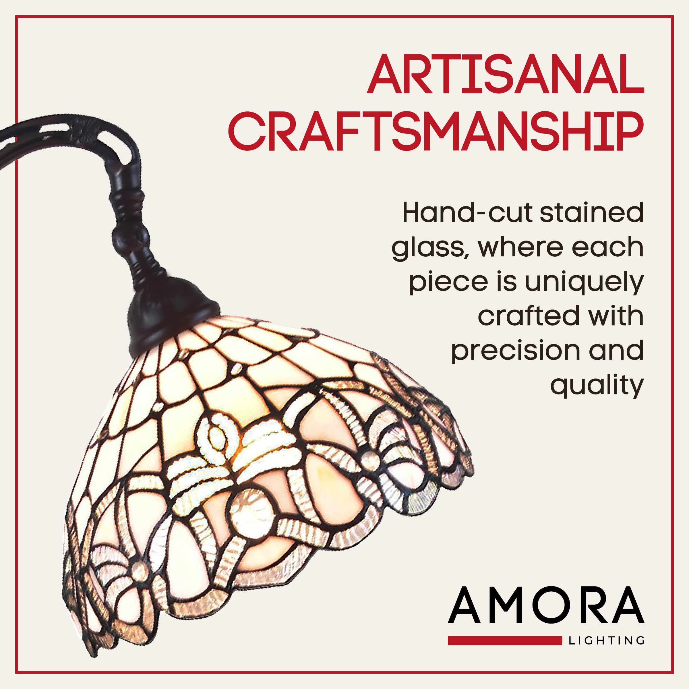 Amora Tiffany Floor Lamp - Arched, Stained Glass 62    - Traditional White Mahogany With Foot Switch Operation And Adjustable La