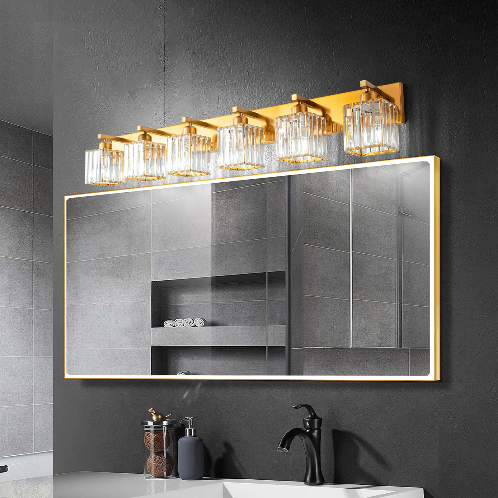 FDPBY 6-Light Wall Light Gold Brushed Brass Finish Crystal for Bathroom Vanity JW-002