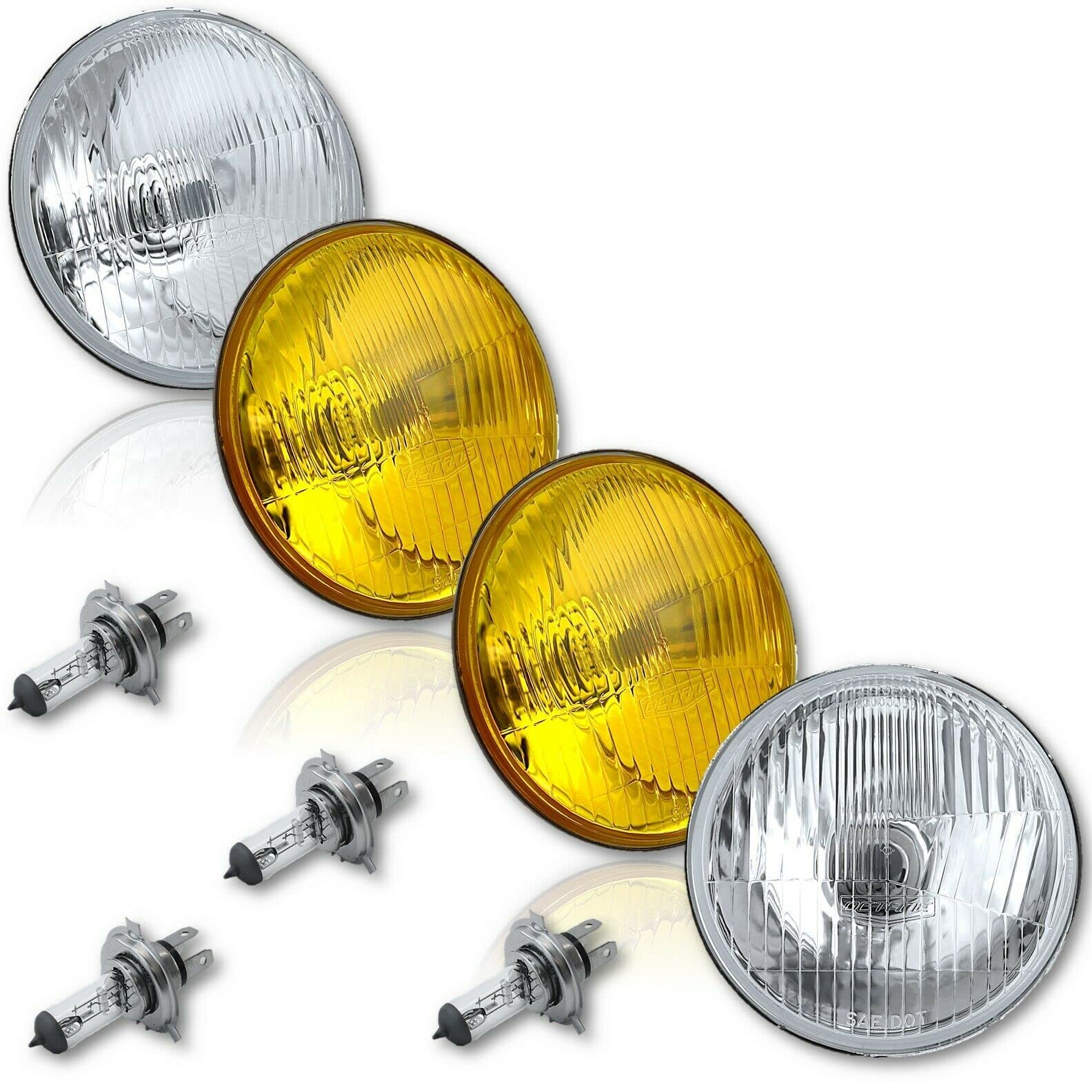 Octane Lighting 5-3/4 OEM Stock Retro Style Glass Metal Headlight Halogen H4 Light Bulb Headlamp Set (2 OEM / 2 Yellow - 60w Cle