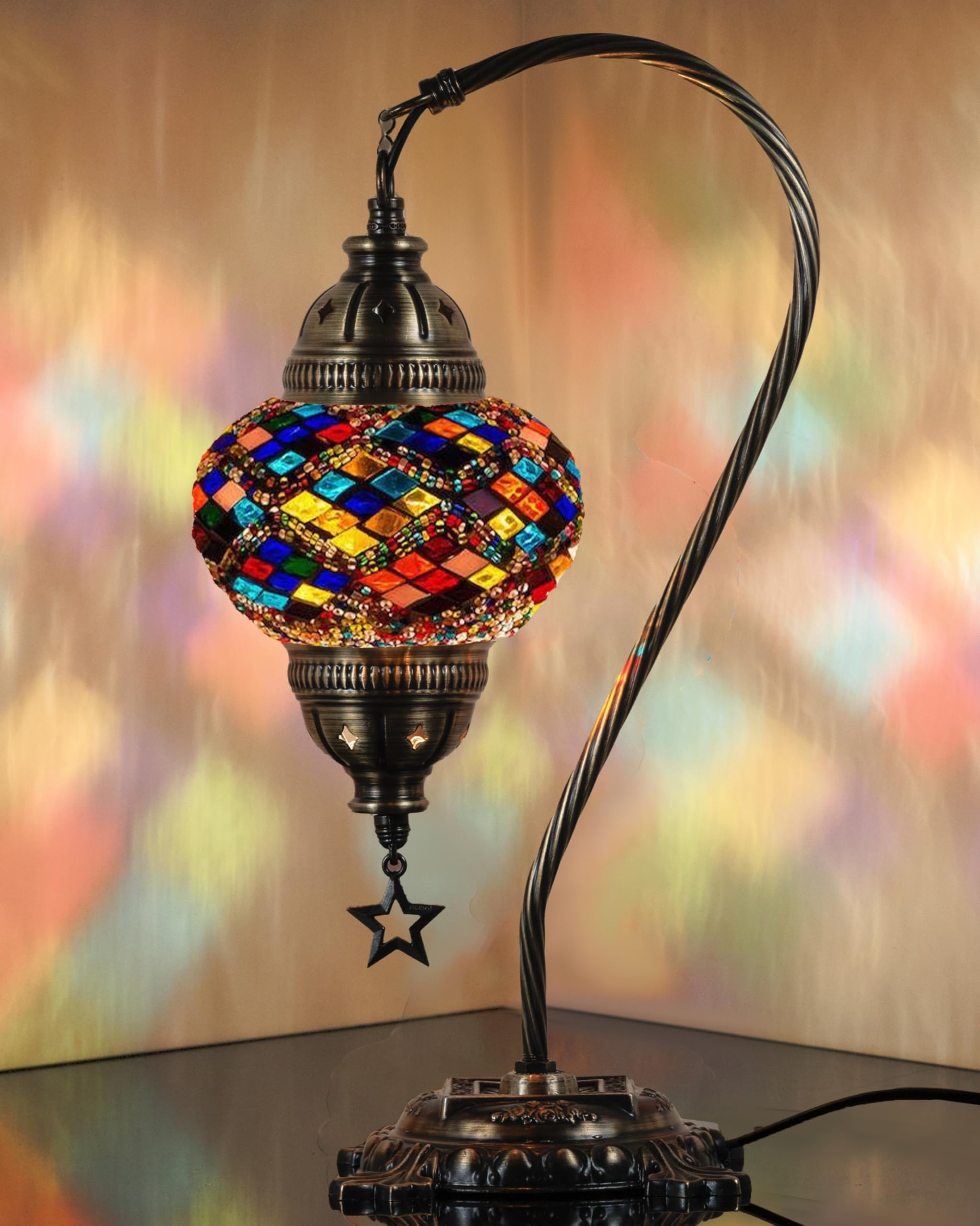 DEMMEX Turkish Table Lamp, Handmade Mosaic Glass, Antique Brass Finish, 15in H, Multicolor, Model: DEMMEXLAMP