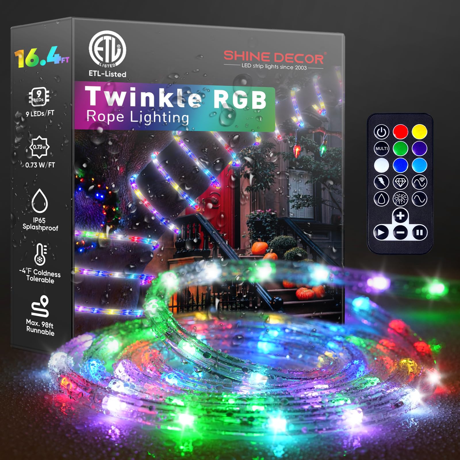 Shine Decor LED Rope Light RGB, Twinkle, 16.4ft, Waterproof Clear Tube, Remote Control, Model MYH-Clear Rope-RGB-5M