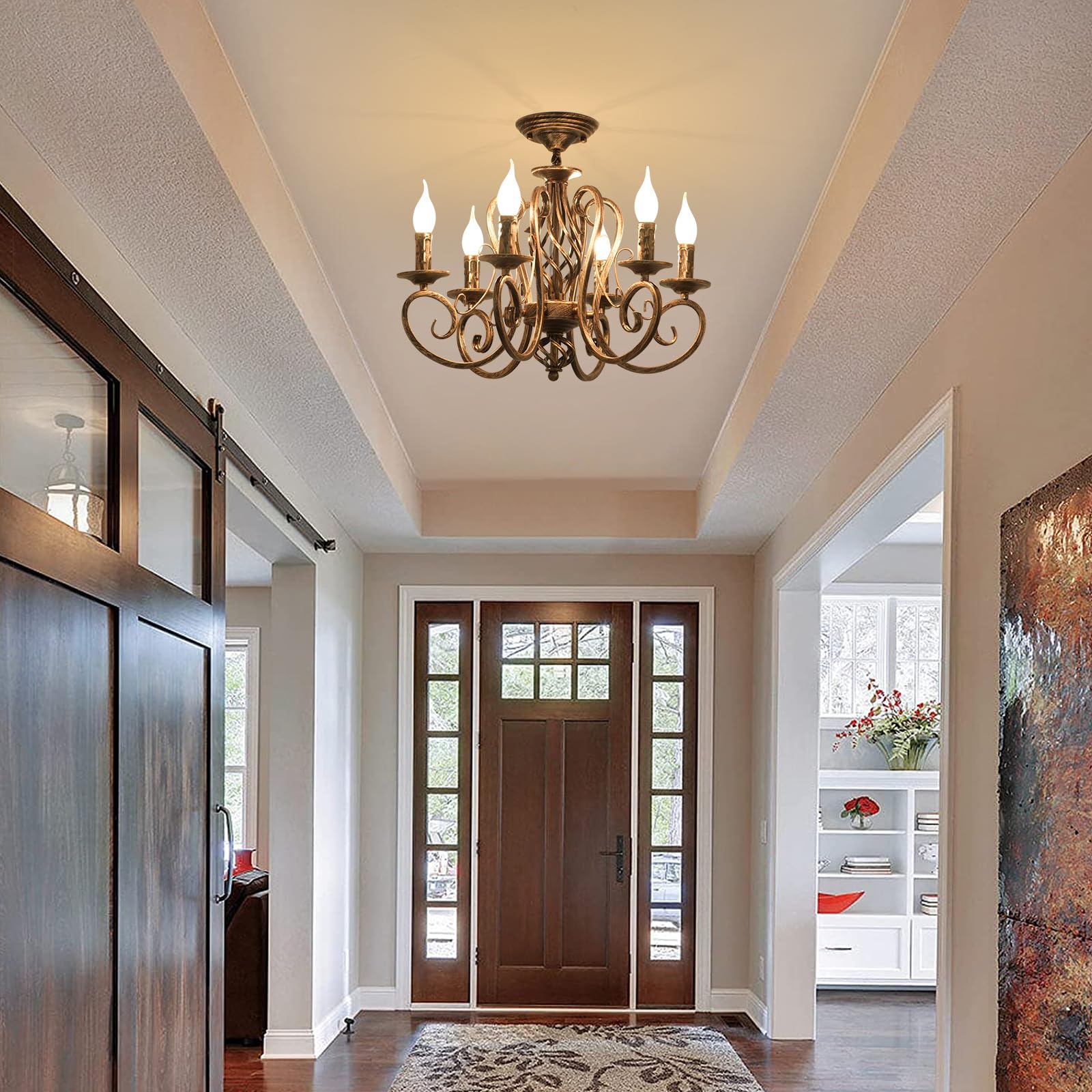 Ganeed French Country Chandeliers,6 Lights Candle Wrought Iron Chandelier,Rustic Farmhouse Pendant Light Fixture Hanging Lightin