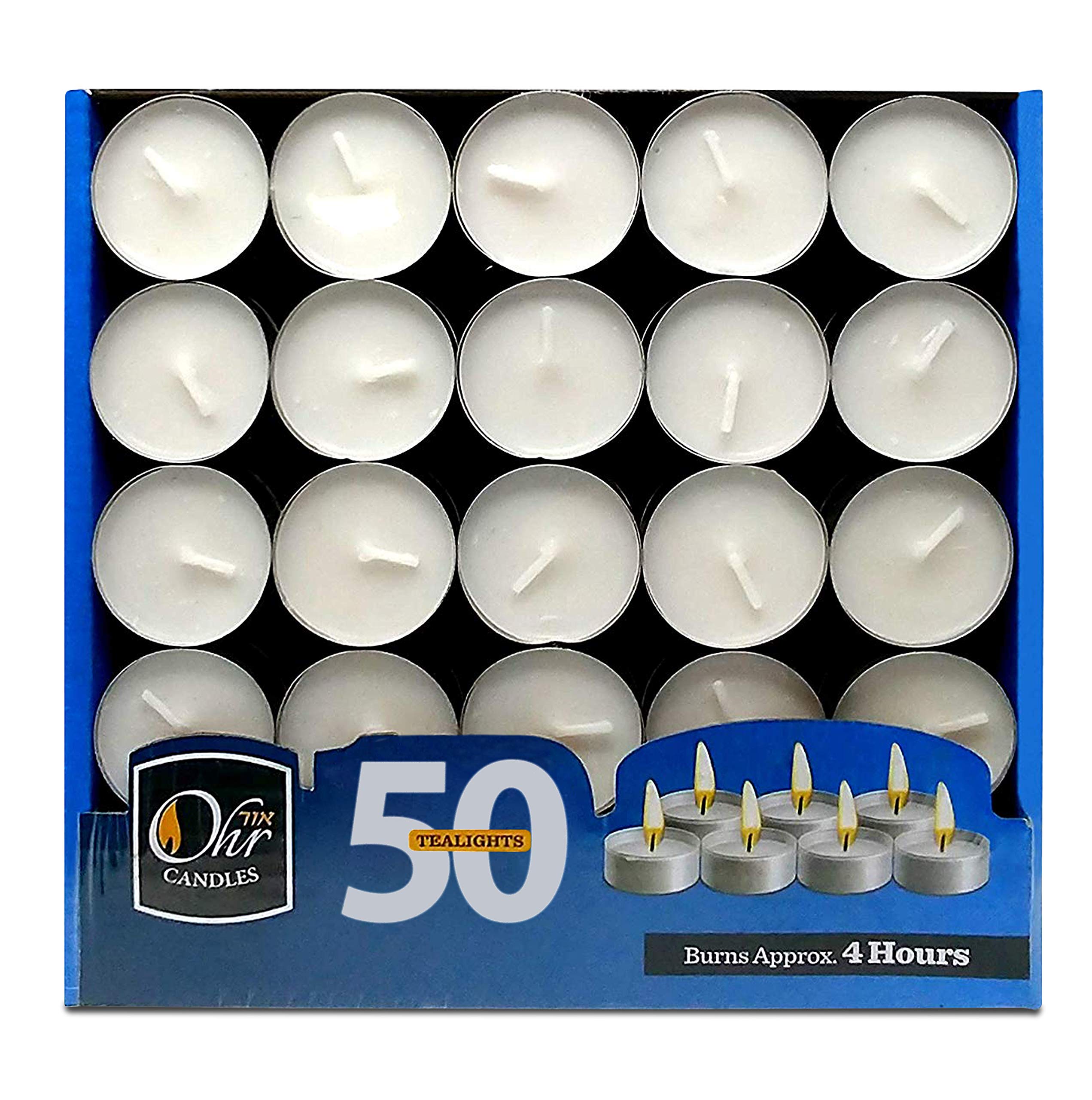 OHR CANDLES Tealight Candles - 50 Pack Bulk, Unscented White Wax, 4 Hour Burn Time, Model 28080