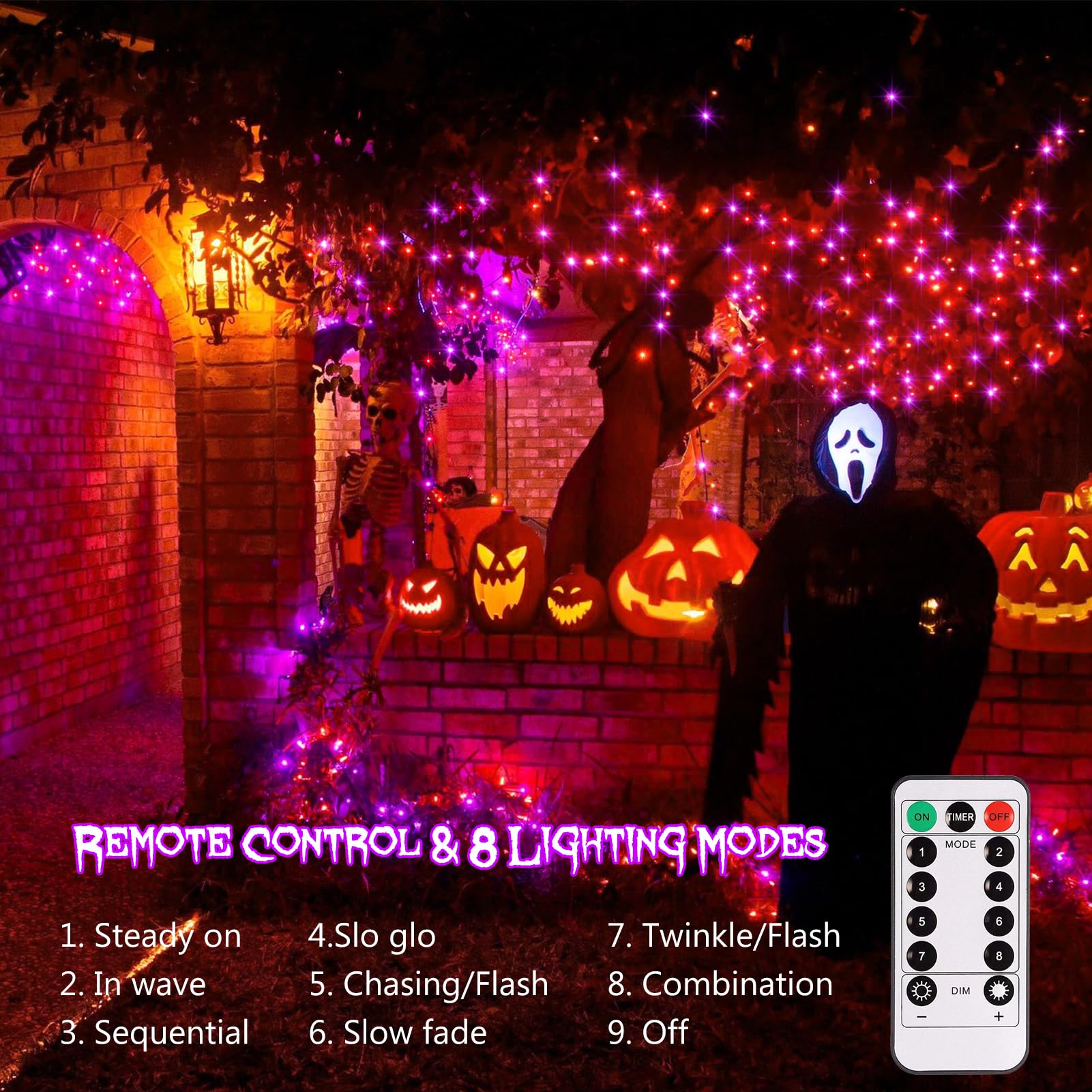 ZAIYW Fairy Lights, 50 LED, 16.5Ft, Battery Operated, Remote Control, 8 Modes, Purple Orange - Black Wire, Model DB200, 4 Pack