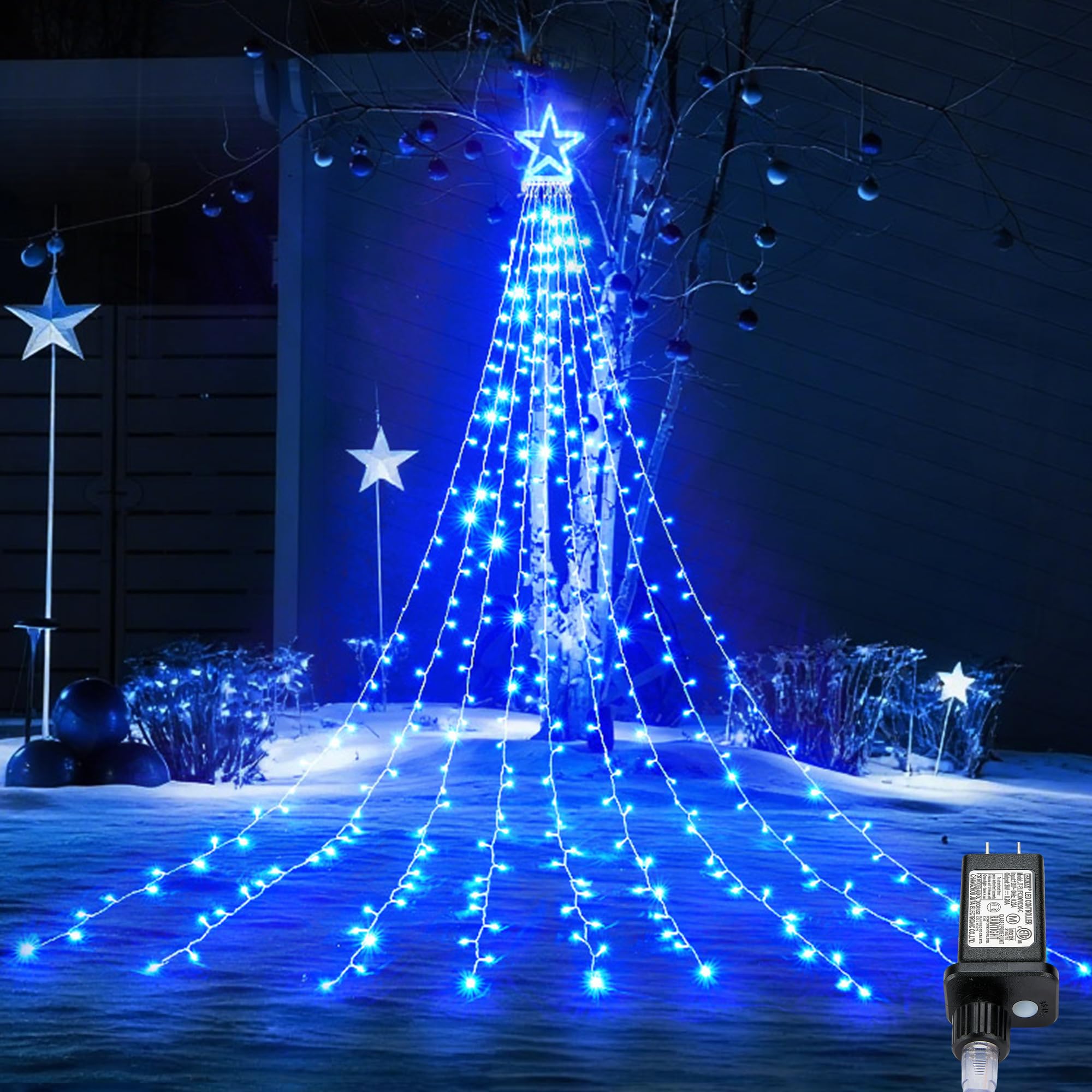 Blctec Outdoor Christmas Decorations 317 Leds Christmas Lights With 9 Strands 11.9Ft Waterfall Christmas Tree Lights  8 Modes  Ul Certified  Waterproof  Topper Star & Timer For Yard Patio D?Or  Blue